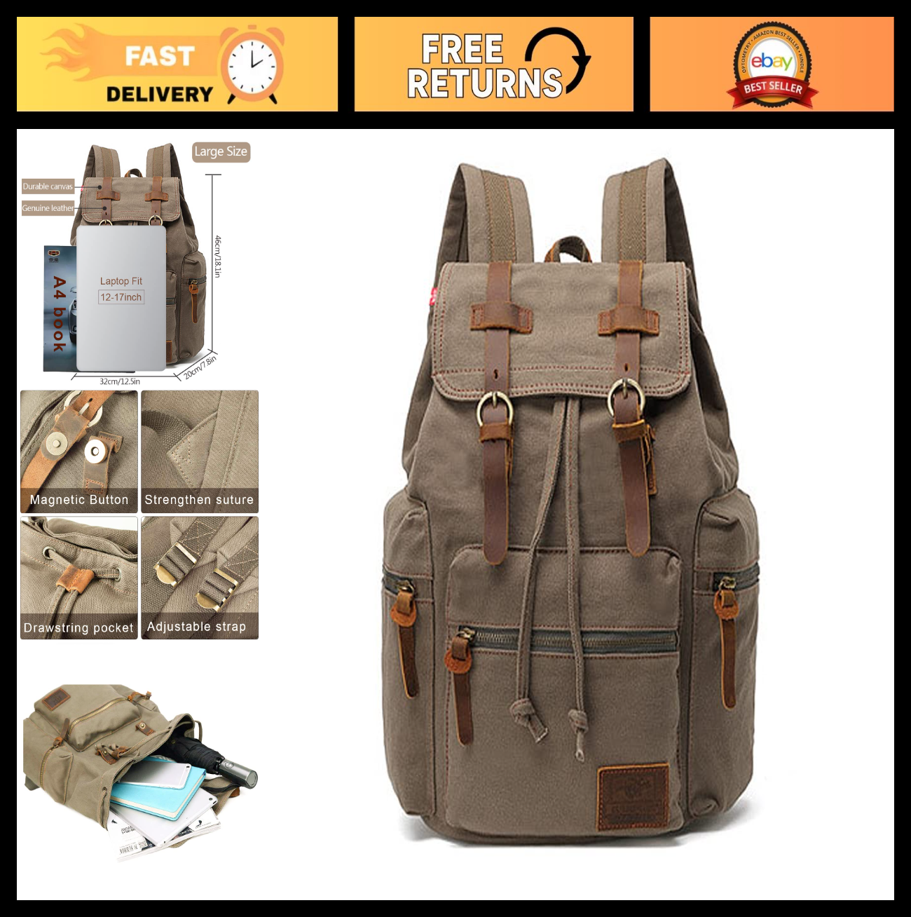 High Capacity Vintage Canvas Backpack for School, College, Hiking & Travel   Fit0