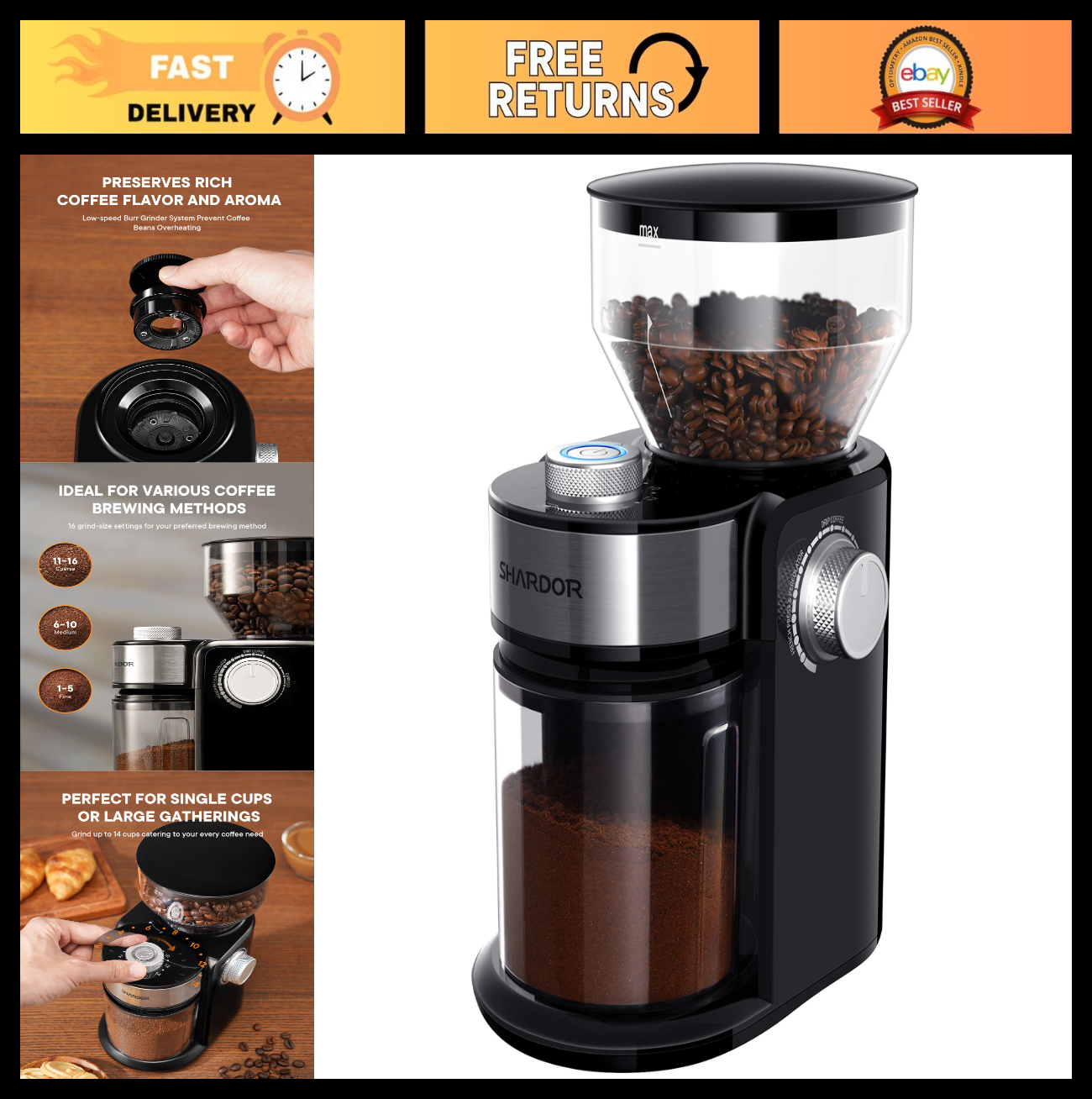 Electric Burr Coffee Grinder   Automatic Coffee Bean Mill, 16 Adjustable Setting0