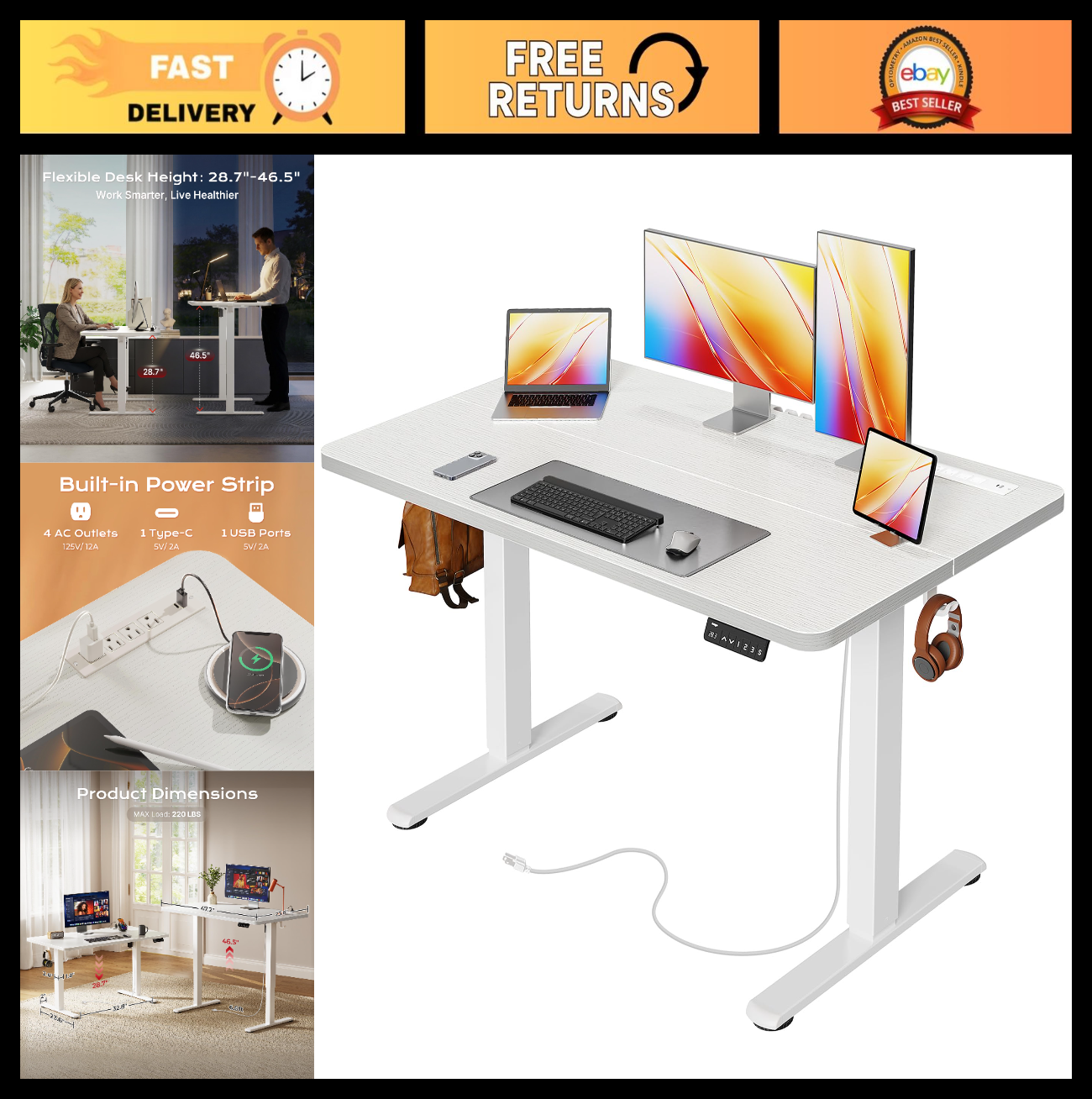 Height Adjustable Electric Standing Desk with USB-C, Power Outlets, 47x24 Inch -0