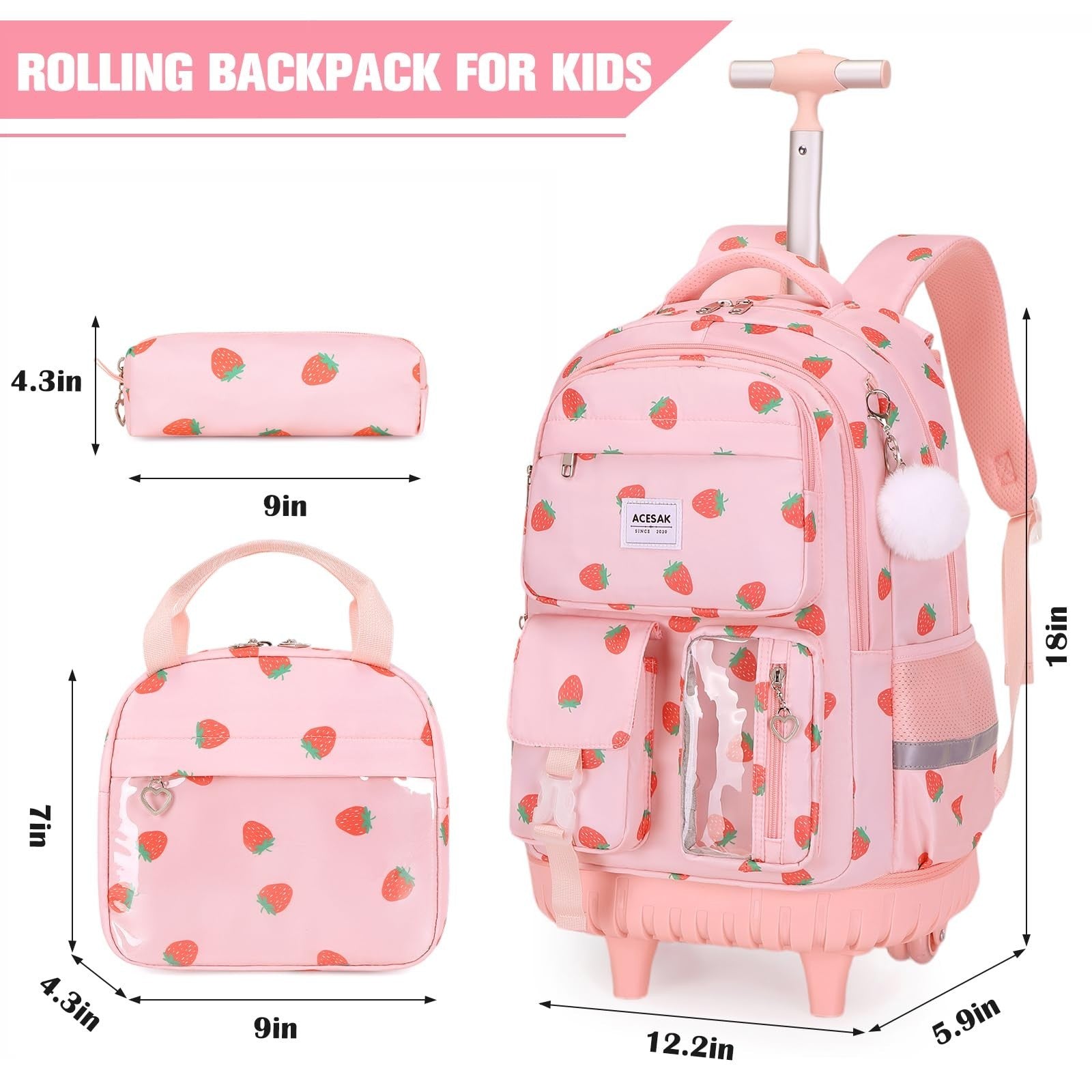 Rolling Backpack for Girls with Lunch Bag & Pencil Pouch   Wheeled Bookbag for S2