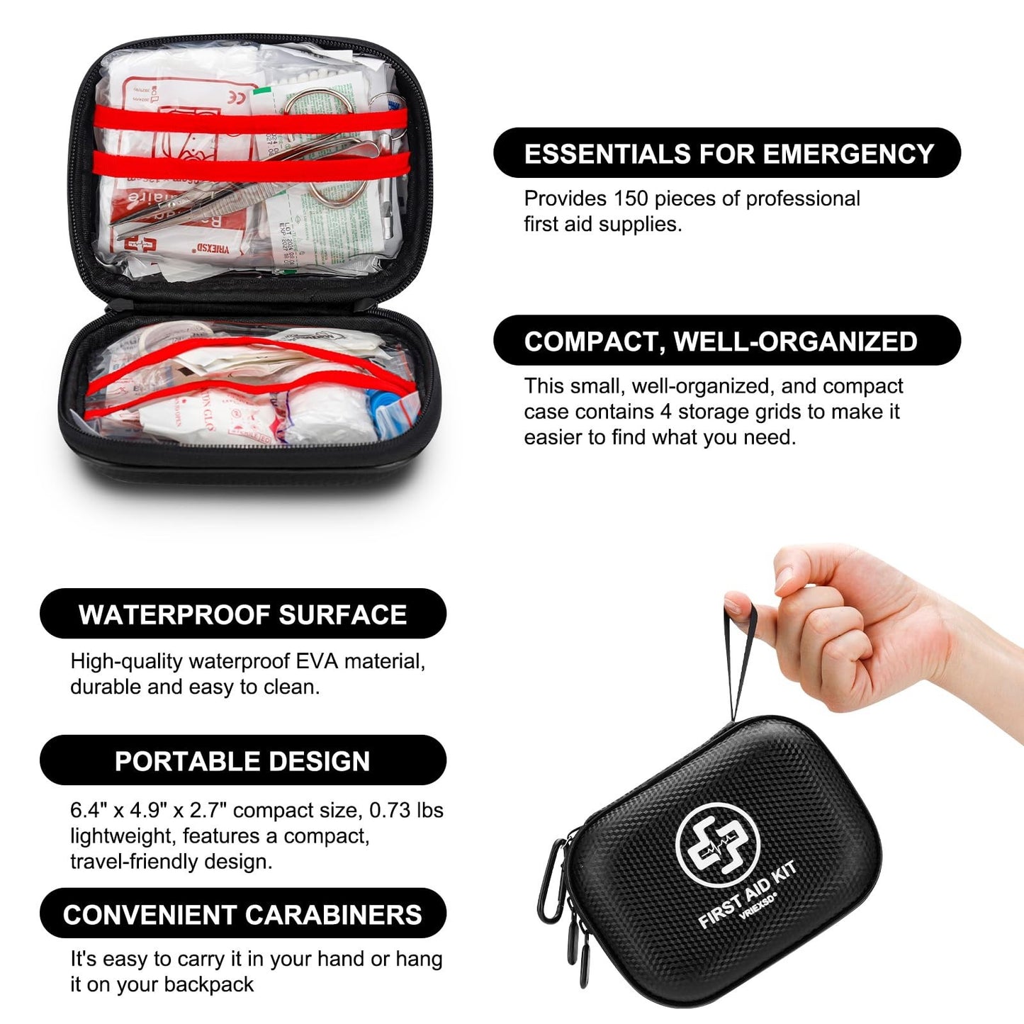 150 Piece Mini First Aid Kit   Waterproof Hard Shell for Home, Travel, Camping &3