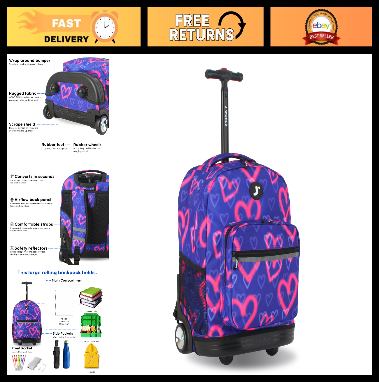 Kids Rolling Backpack with Wheels, 18" Bookbag for School, Heart Spray Design0