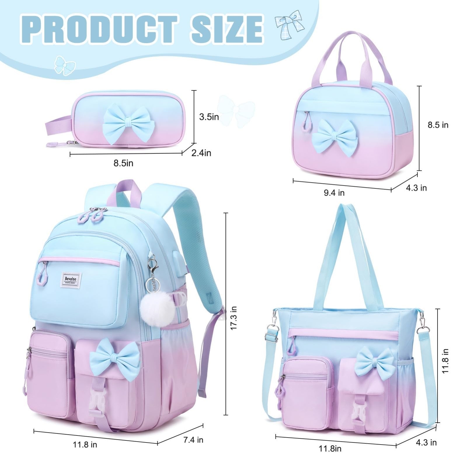Cute Bow Backpack for Girls   School Bag with Lunch Bag & Pen Case, Stylish & Fu2