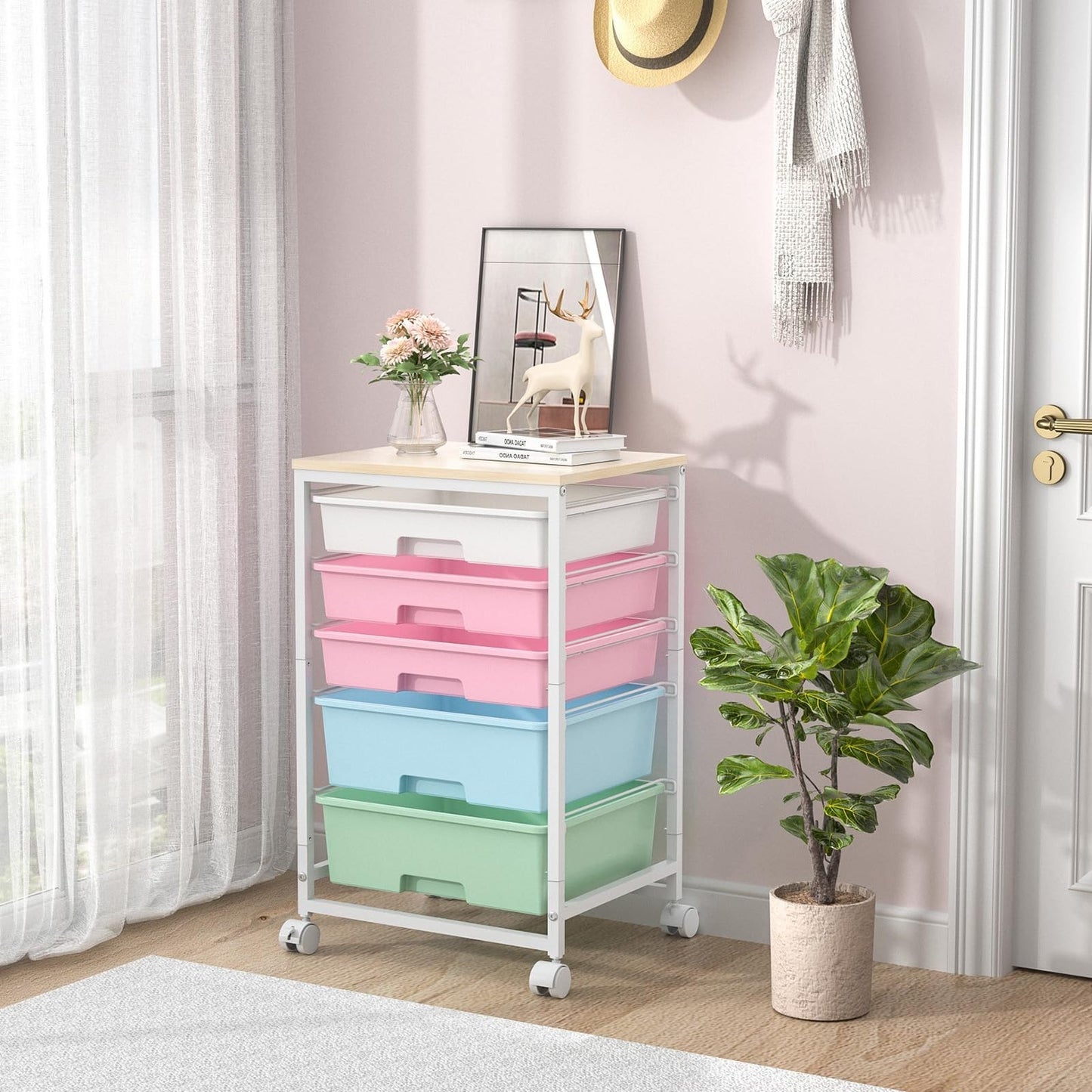 5 Drawer Utility Cart with Wooden Top, Rolling Storage Trolley with Lockable Whe5