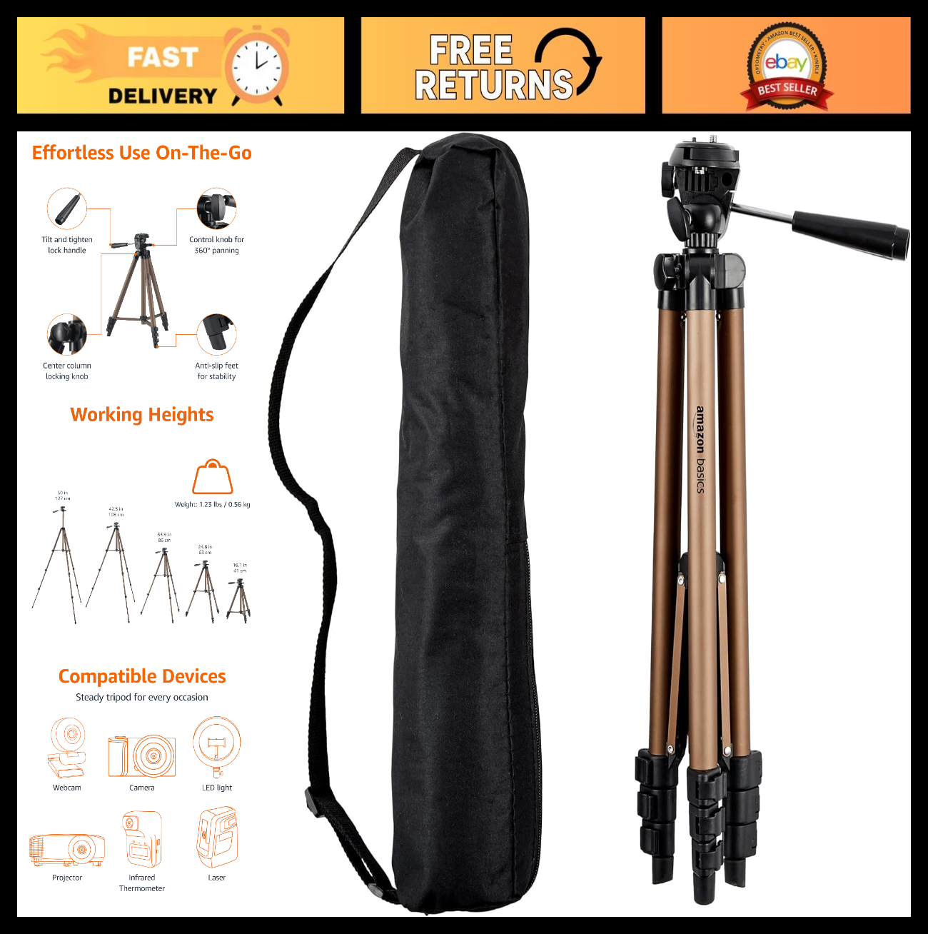 50" Lightweight Portable Camera Tripod Stand, Adjustable Height, Quick-Release P0