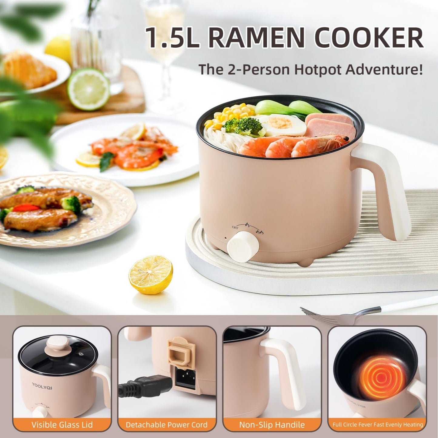 Portable Electric Hot Pot 1.5L - Non-Stick Ramen Cooker for Noodles, Soup & Oatm2