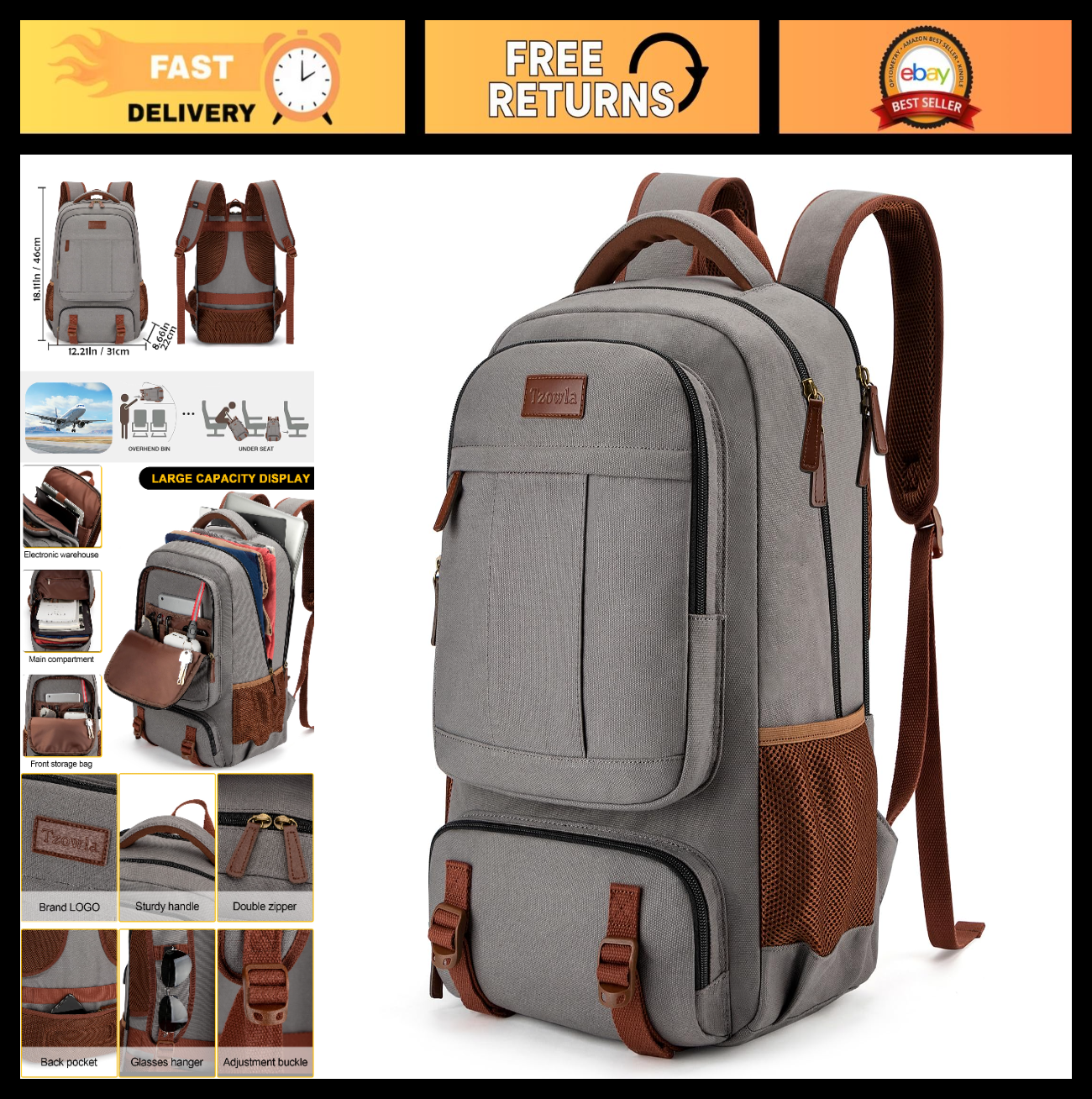 Large Capacity Canvas Laptop Backpack for Men & Women, Fits 15.6" Laptop, Travel0