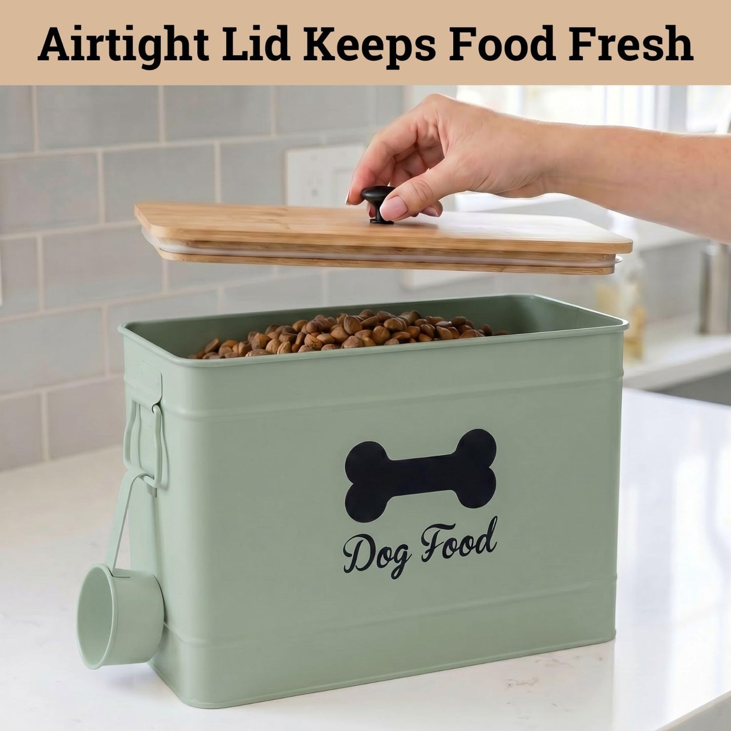 Airtight Metal Dog Food Storage Container 15 20 lbs, 70 Cup Capacity, Bamboo Lid2