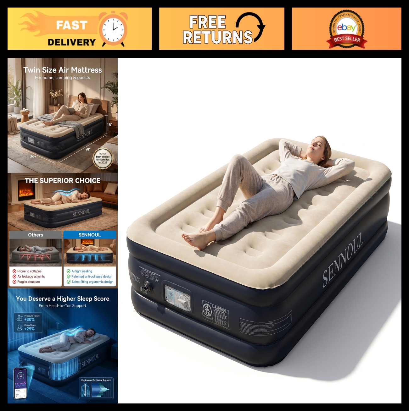 Twin Air Mattress with Built in Pump, Fast Inflation, Foldable Inflatable Bed fo0