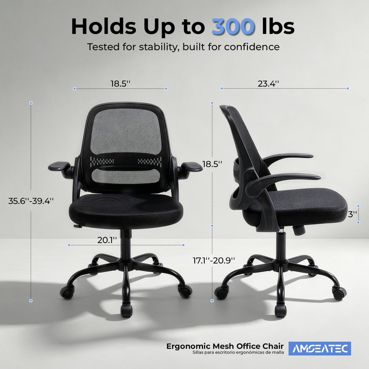 Ergonomic Mesh Office Chair with Flip Up Arms, Breathable Back, 300 lbs Support,2