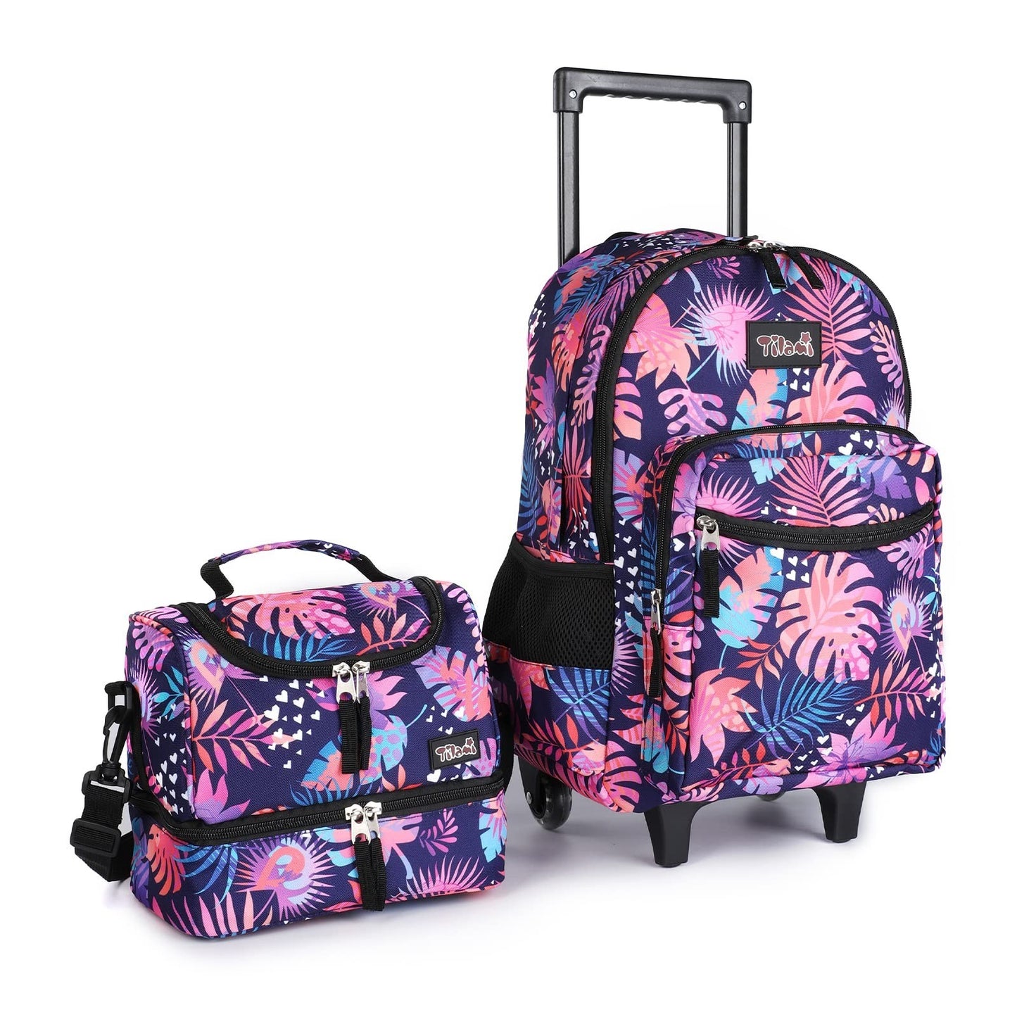 Wheeled Kids Backpack 18" with Lunch Bag, Double Handle, Pink Leaves Design0