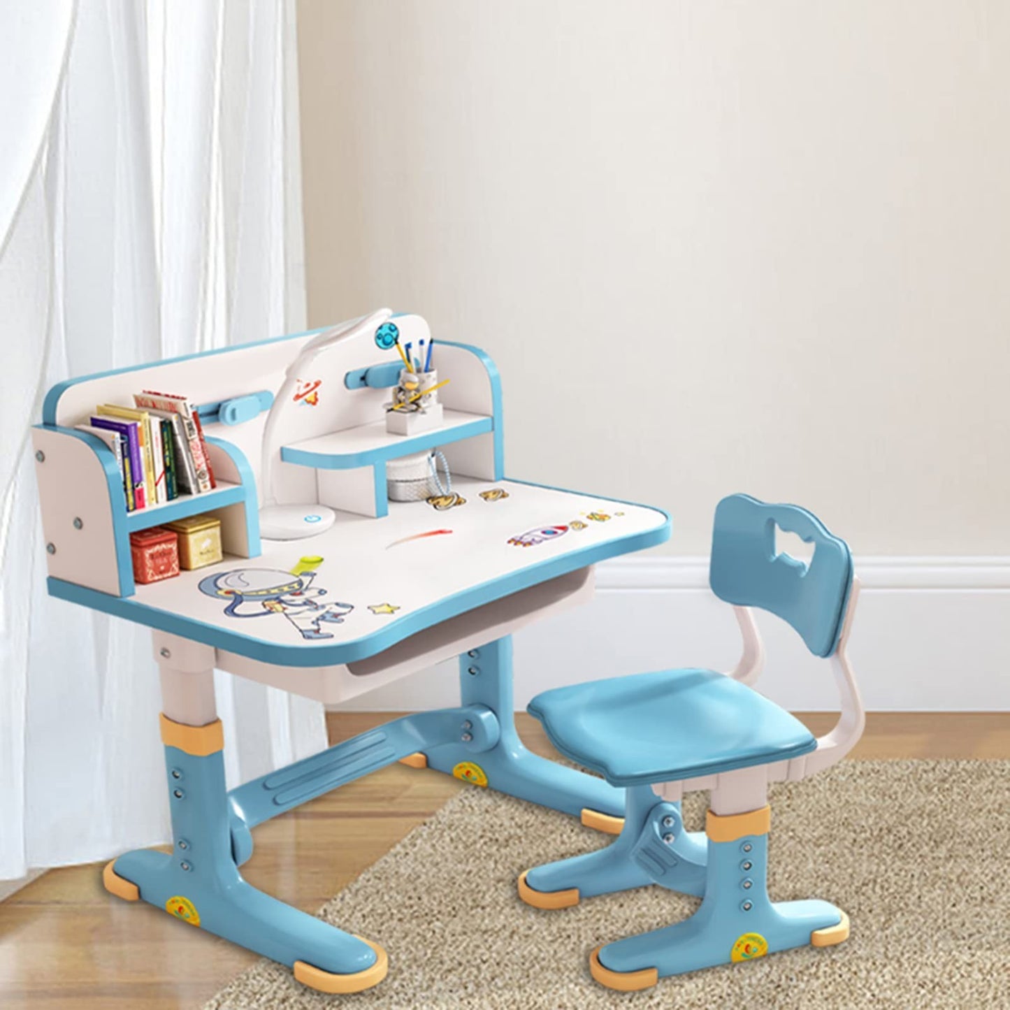 Kids Adjustable Height Study Desk & Chair Set, Widened Desktop, Cartoon Design,5