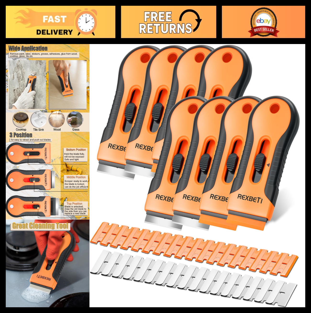 8 Pack Razor Blade Scraper Set with 240 Blades   Metal & Plastic, Cleaning Tool,0