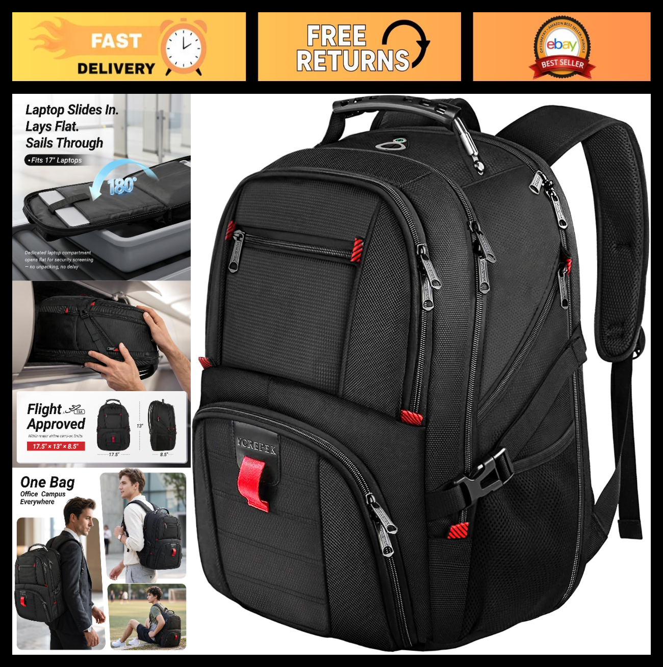 Large Laptop Backpack for Men, Heavy Duty Travel Bag, Waterproof, Multi Compartm0