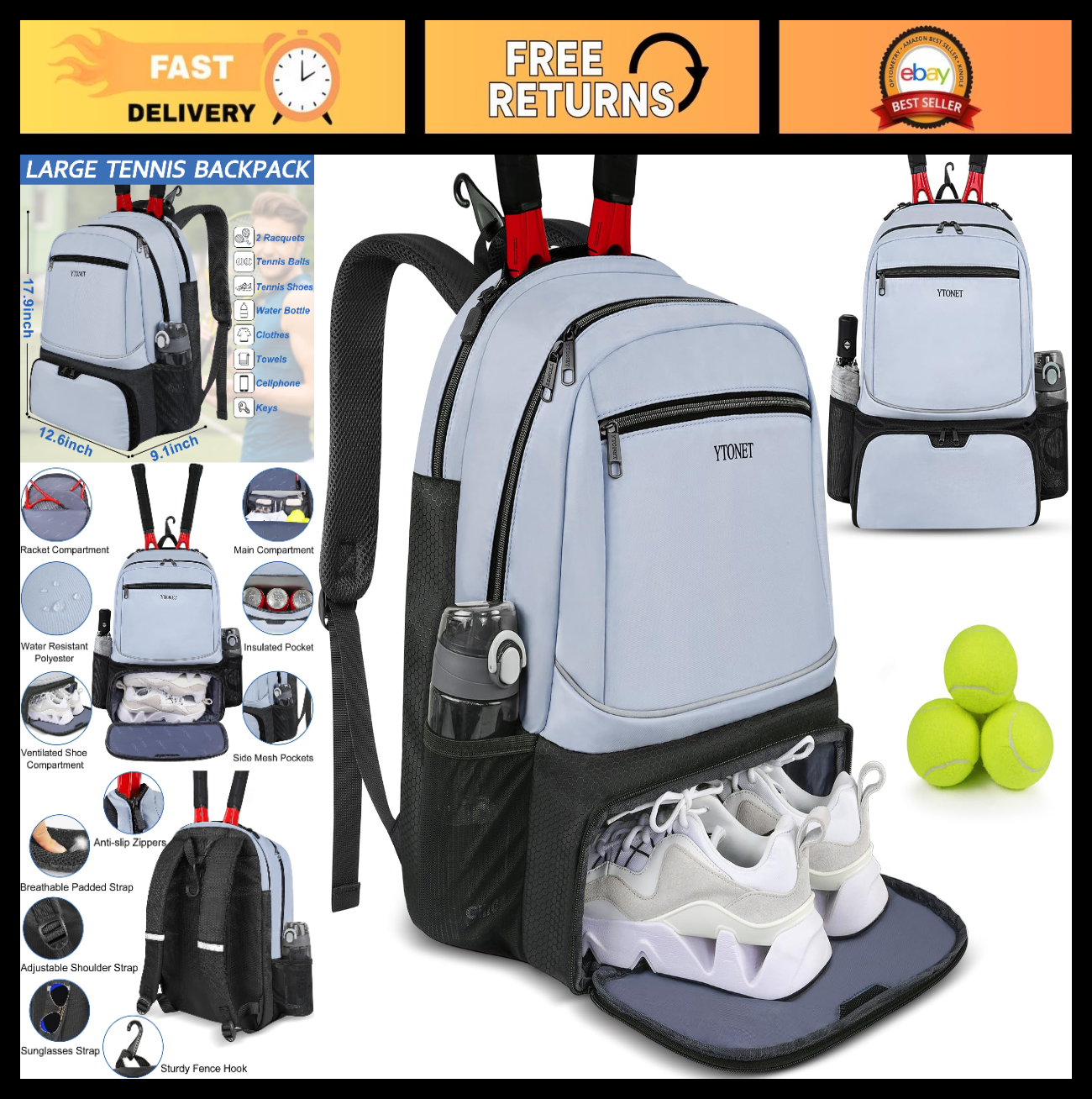 Insulated Tennis Backpack for 2 Rackets, Ventilated Shoe Compartment, Unisex0