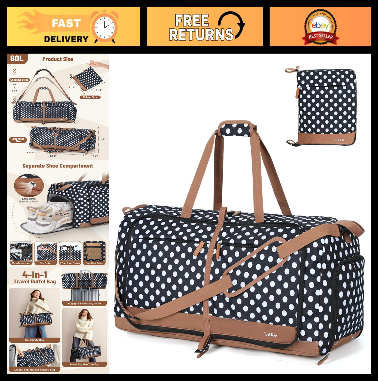 80L Foldable Travel Duffel Bag for Women - Large Weekend Carry-On with Shoe Comp0
