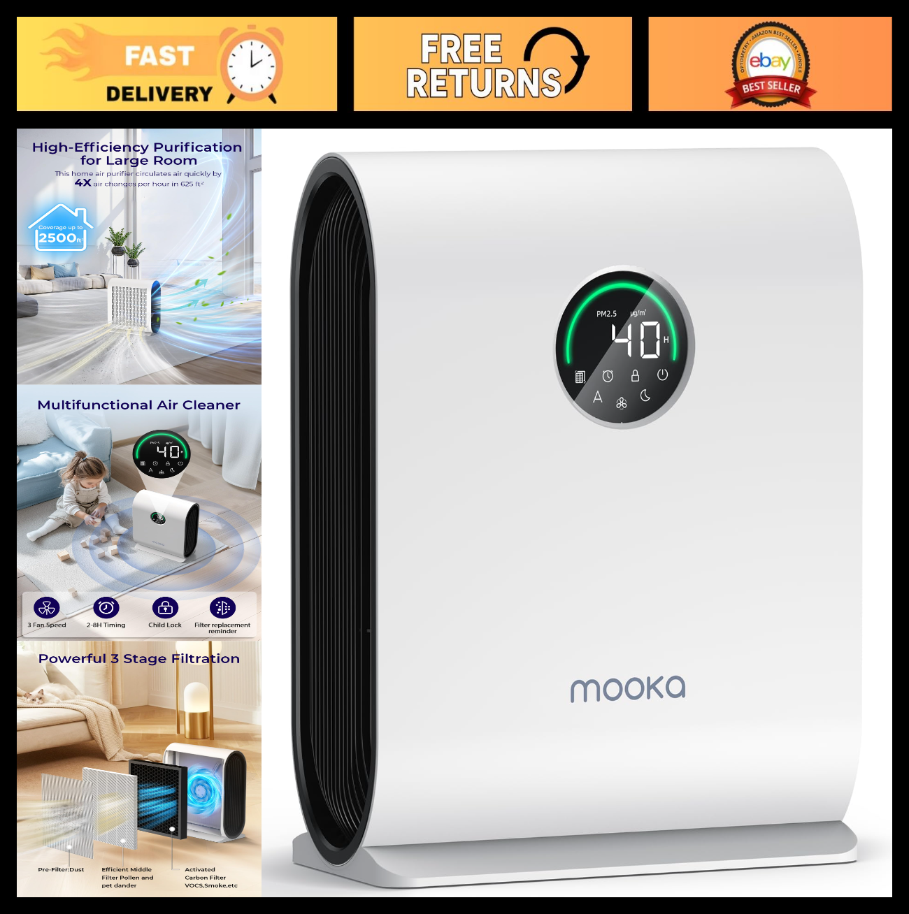 High-Efficiency Air Purifier for Home, Covers 2500 ft², H13 HEPA, Auto Mode, Qui0
