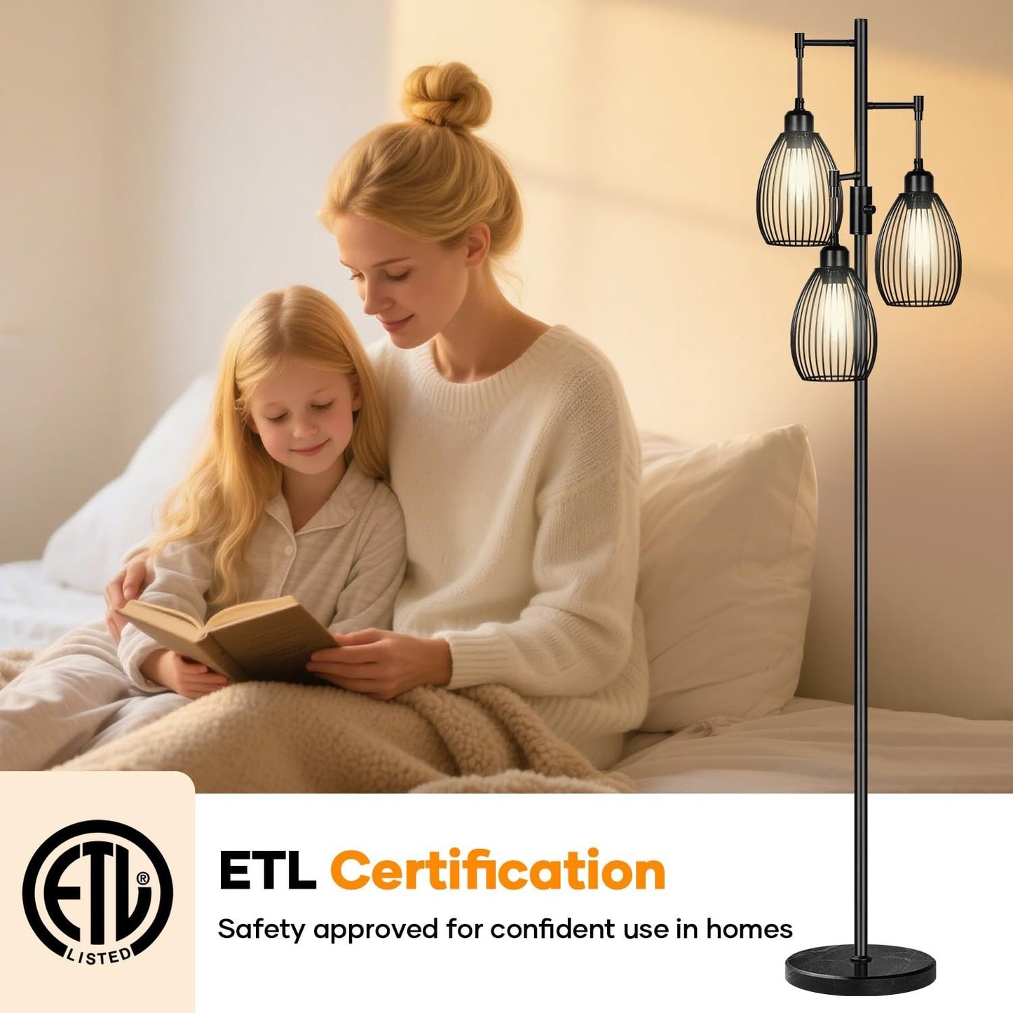 Dimmable Standing Floor Lamp with 3 LED Bulbs, Industrial Farmhouse Design, Tall5