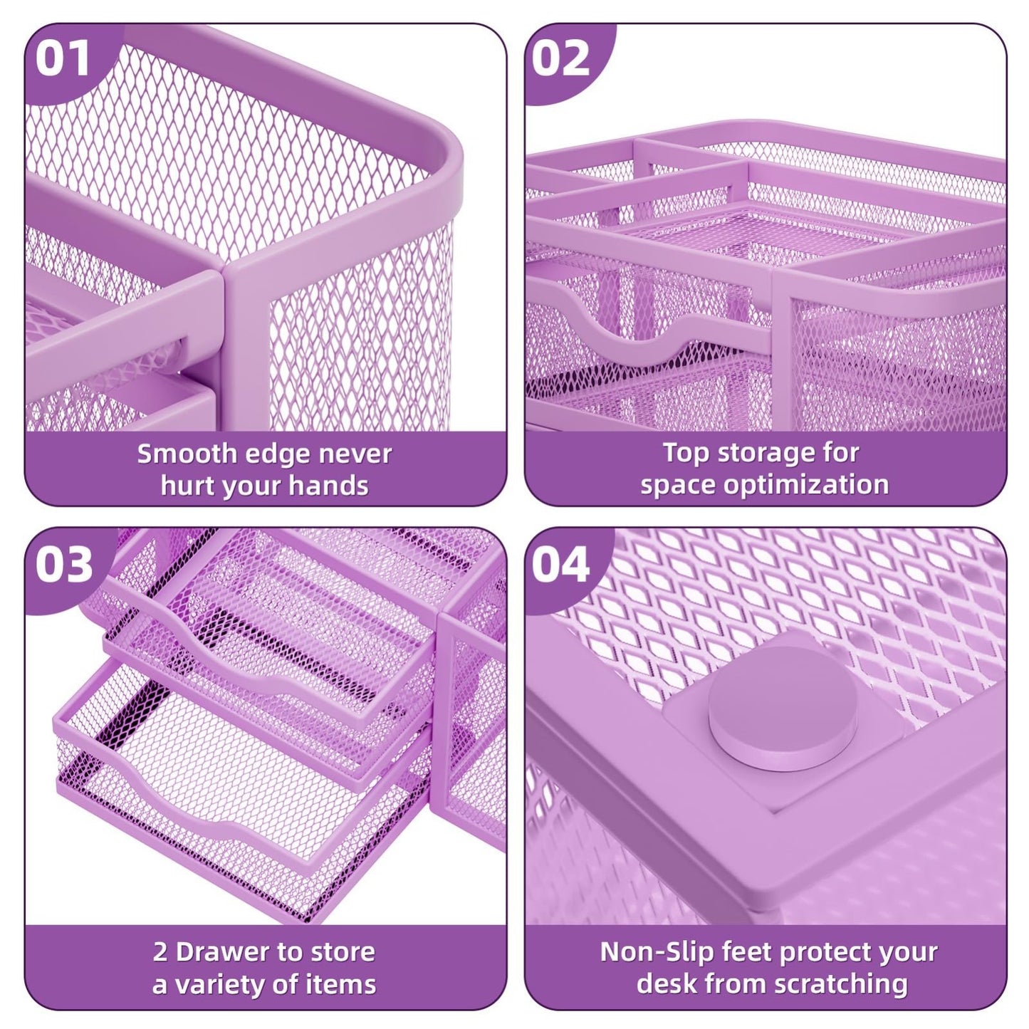 Multi Functional Mesh Desk Organizer with 2 Drawers, 5 Compartments, Purple6