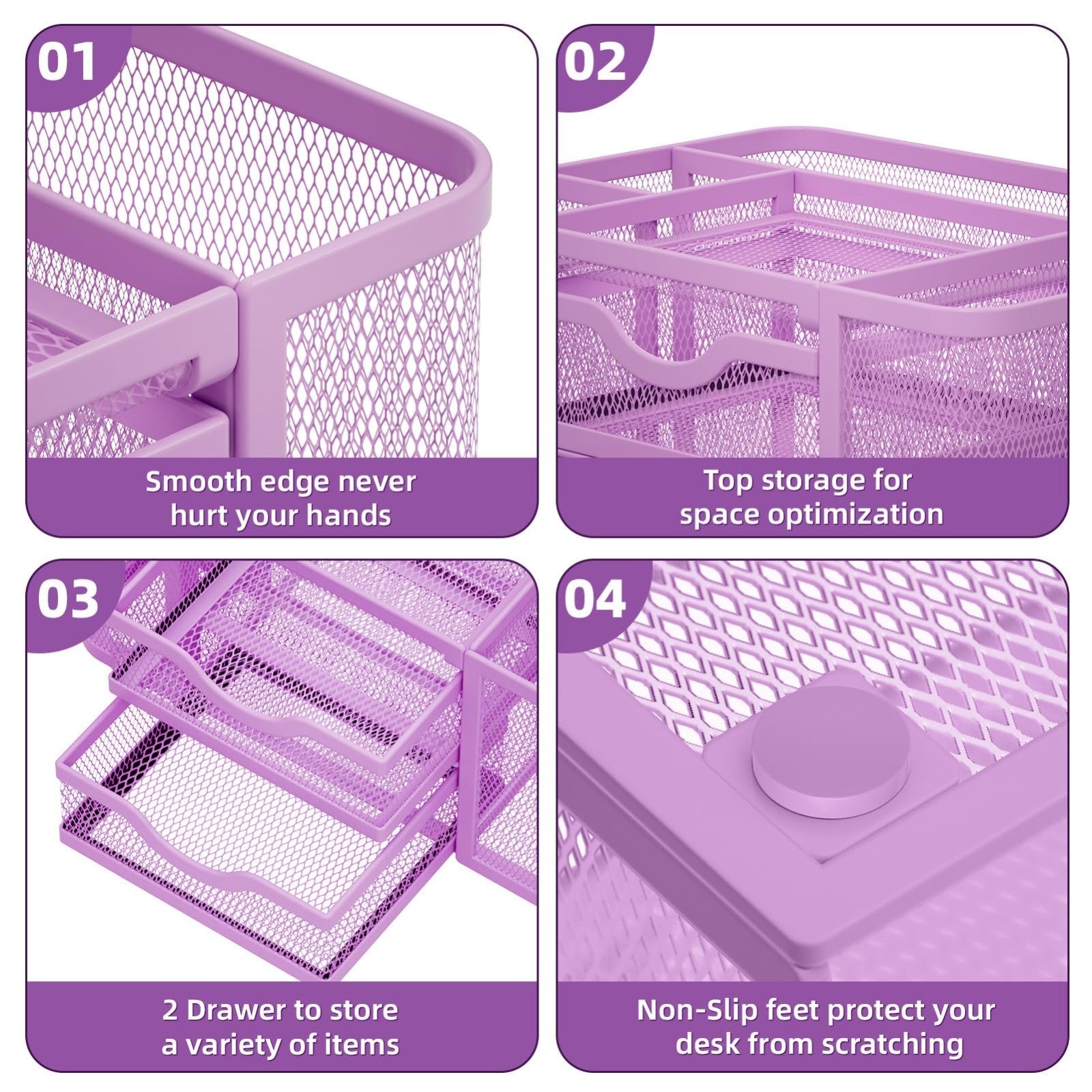 Multi Functional Mesh Desk Organizer with 2 Drawers, 5 Compartments, Purple6
