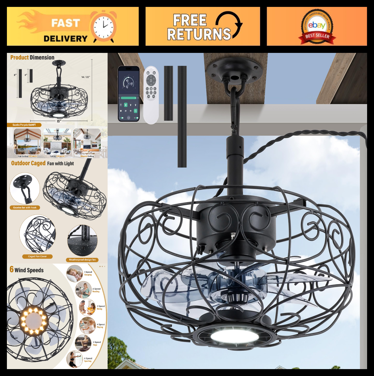 Waterproof Outdoor Ceiling Fan with Light & Remote, 15 Inch Patio Fan, 6 Speeds0