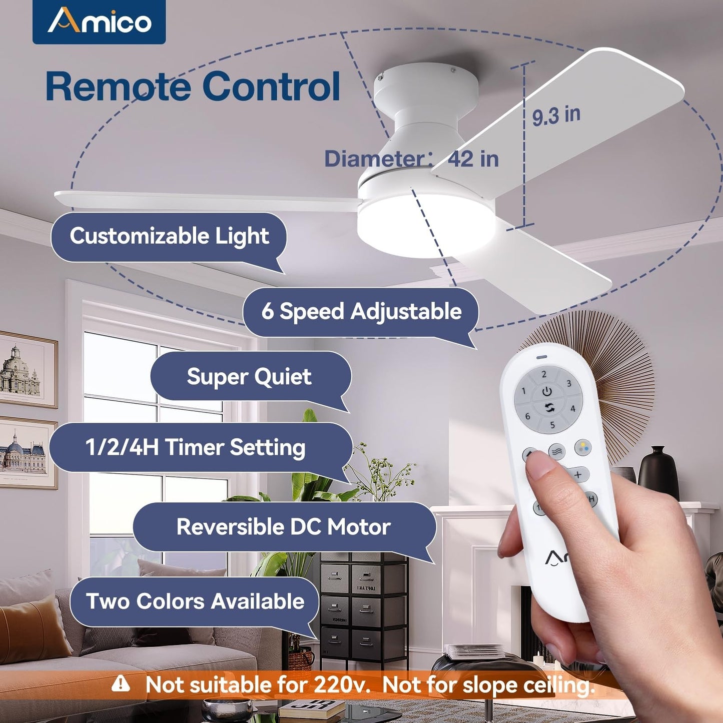 42" White Low Profile Ceiling Fan with Lights & Remote | Dimmable, Quiet DC Moto2