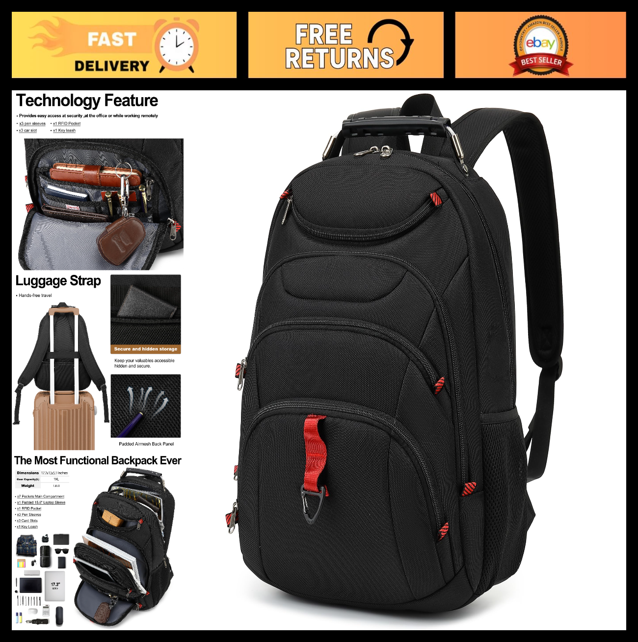 Waterproof 15.6" Laptop Backpack with USB Port, Anti Theft Travel Bag for Work &0