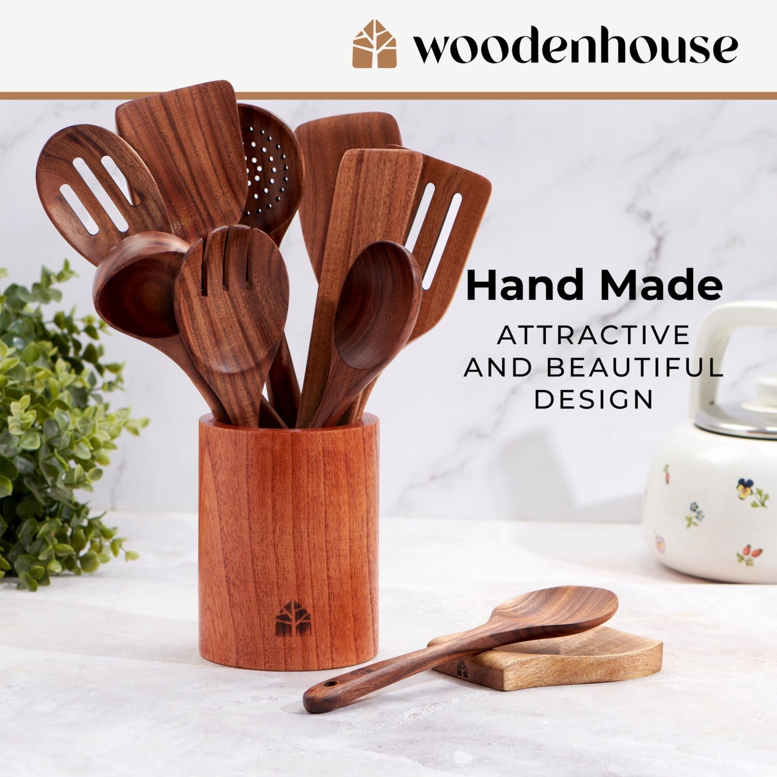 12 Pcs Wooden Cooking Spoons Set with Holder & Hooks | Heat Resistant, Nonstick4
