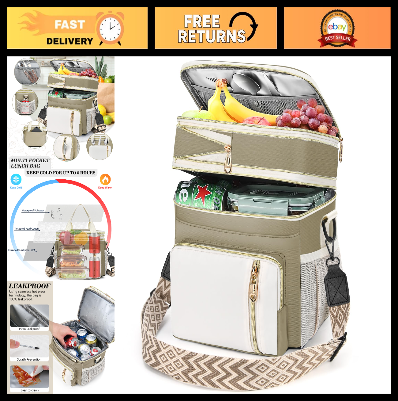 Insulated Lunch Bag - 16L Expandable Cooler Tote, Leakproof, Adjustable Strap fo0