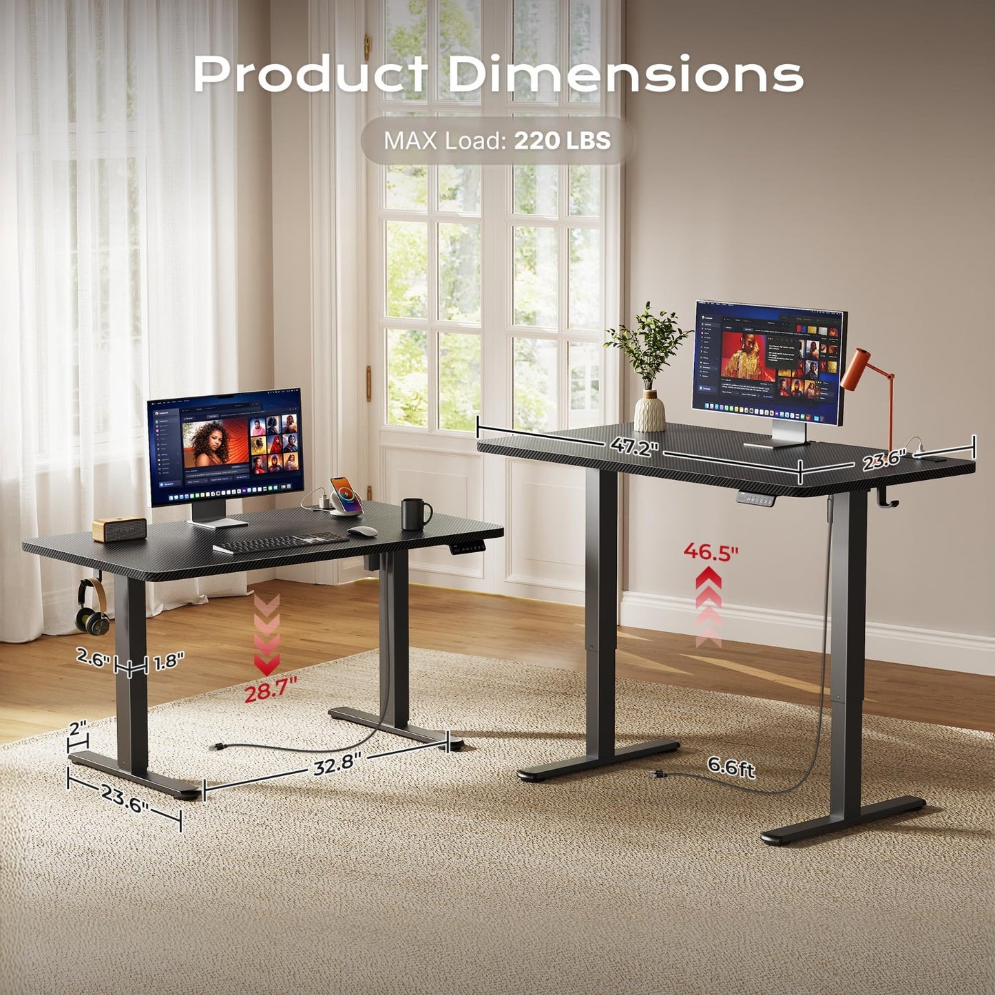 Height Adjustable Electric Standing Desk with USB-C & Power Outlets, 47x24" - Si4
