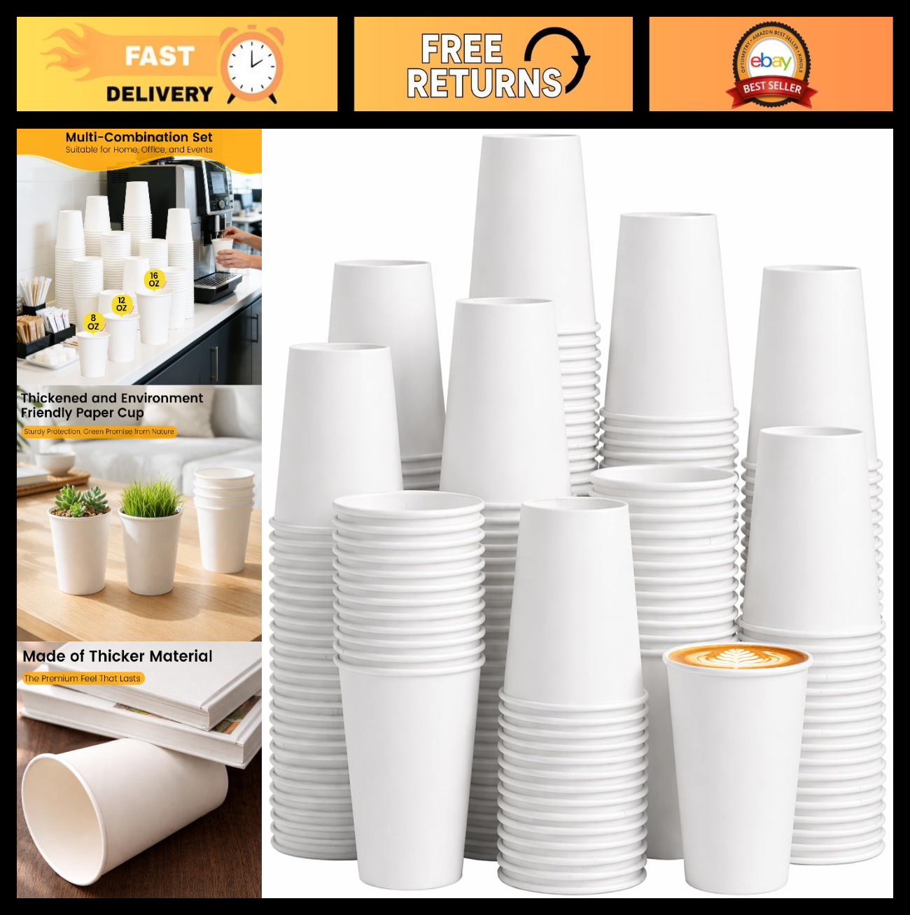 300 Pack 12 oz Disposable Paper Coffee Cups - Sturdy, Leak-Resistant for Hot & C0