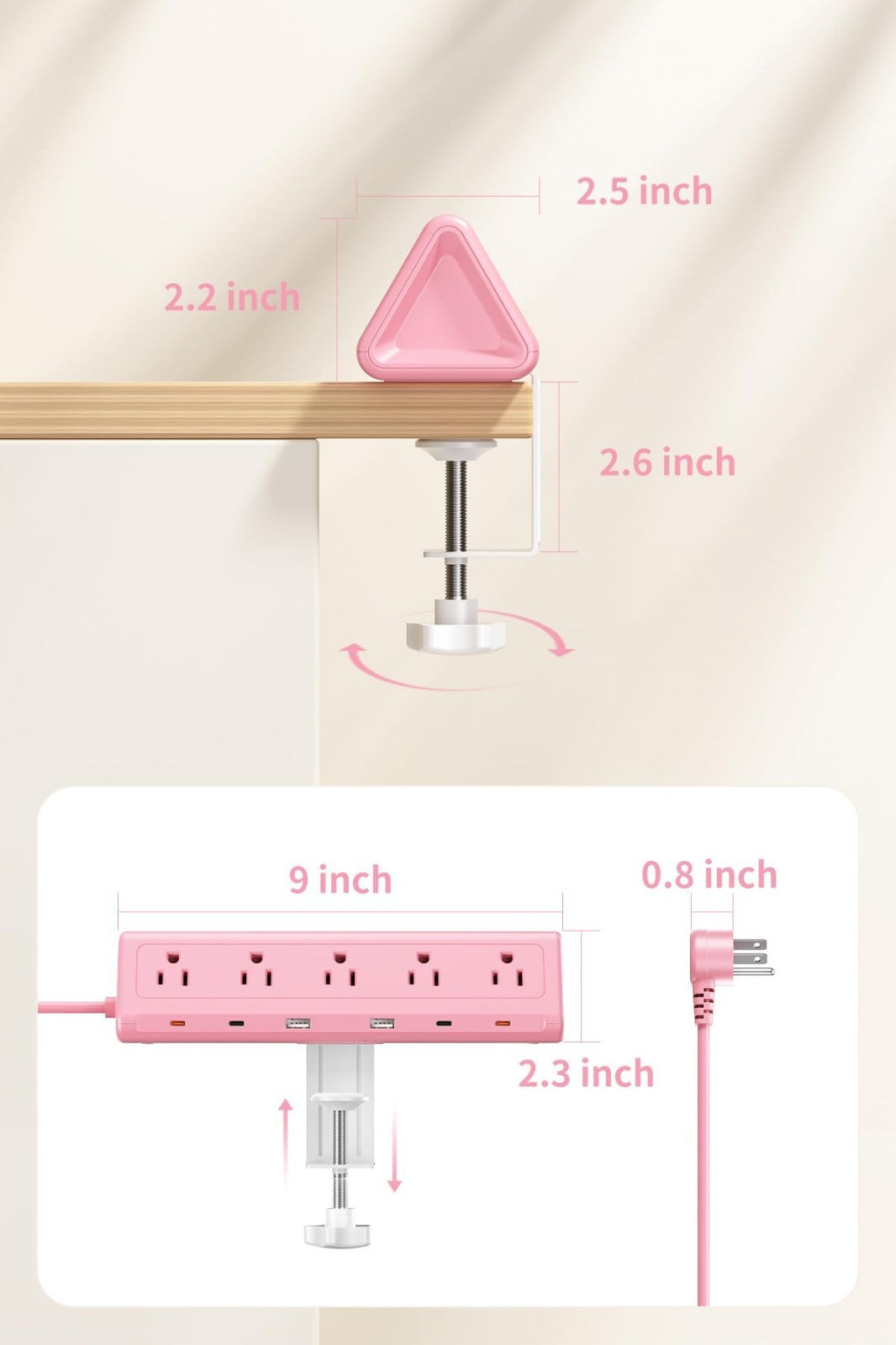 6.5FT Desk Clamp Power Strip   5 AC Outlets, 6 USB Ports, PD 40W Fast Charging,8