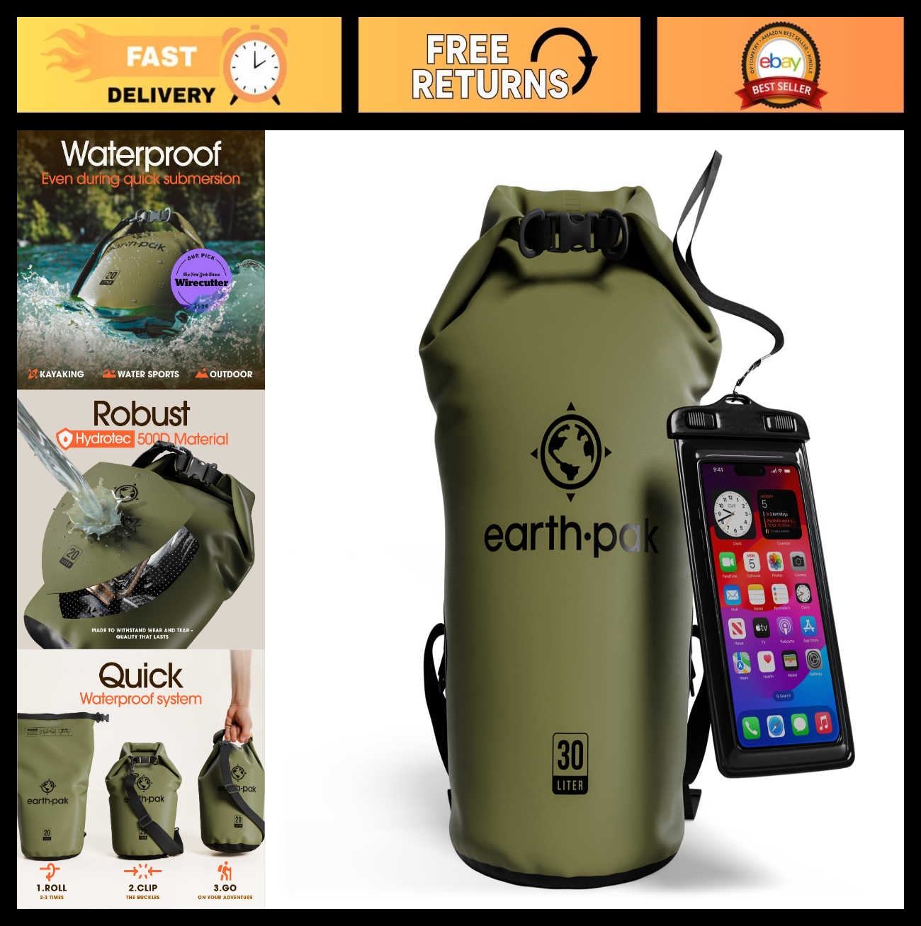 Waterproof Dry Bag Backpack   Roll Top Design, Keeps Gear Dry for Kayaking + Pho0