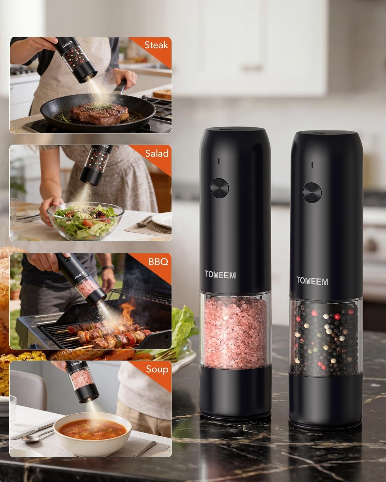 Rechargeable Electric Salt & Pepper Grinder Set with LED, Adjustable Coarseness,5