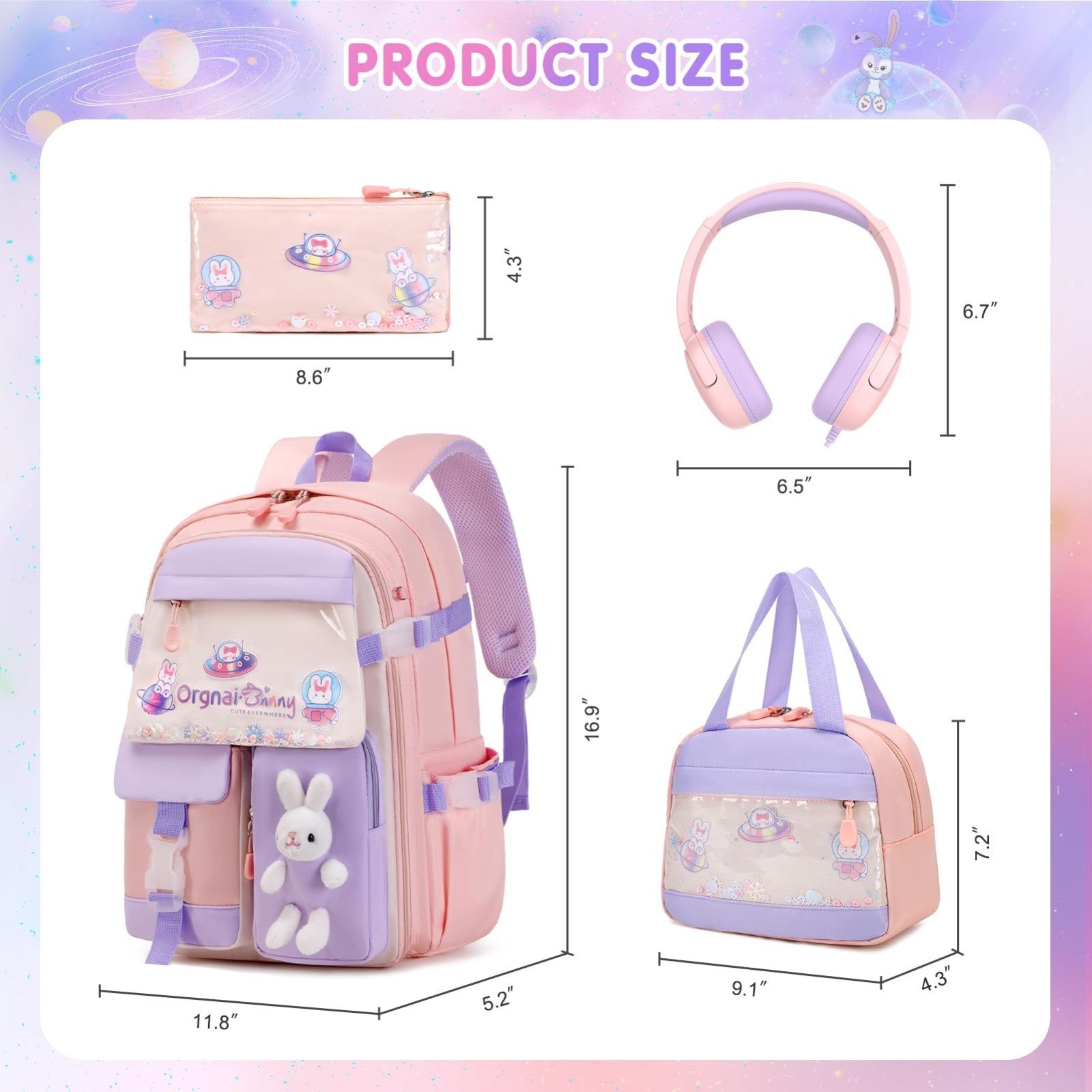 4PCS Kawaii Bunny Girls Backpack Set with Headphones, Lunch Box & Pencil Case  2