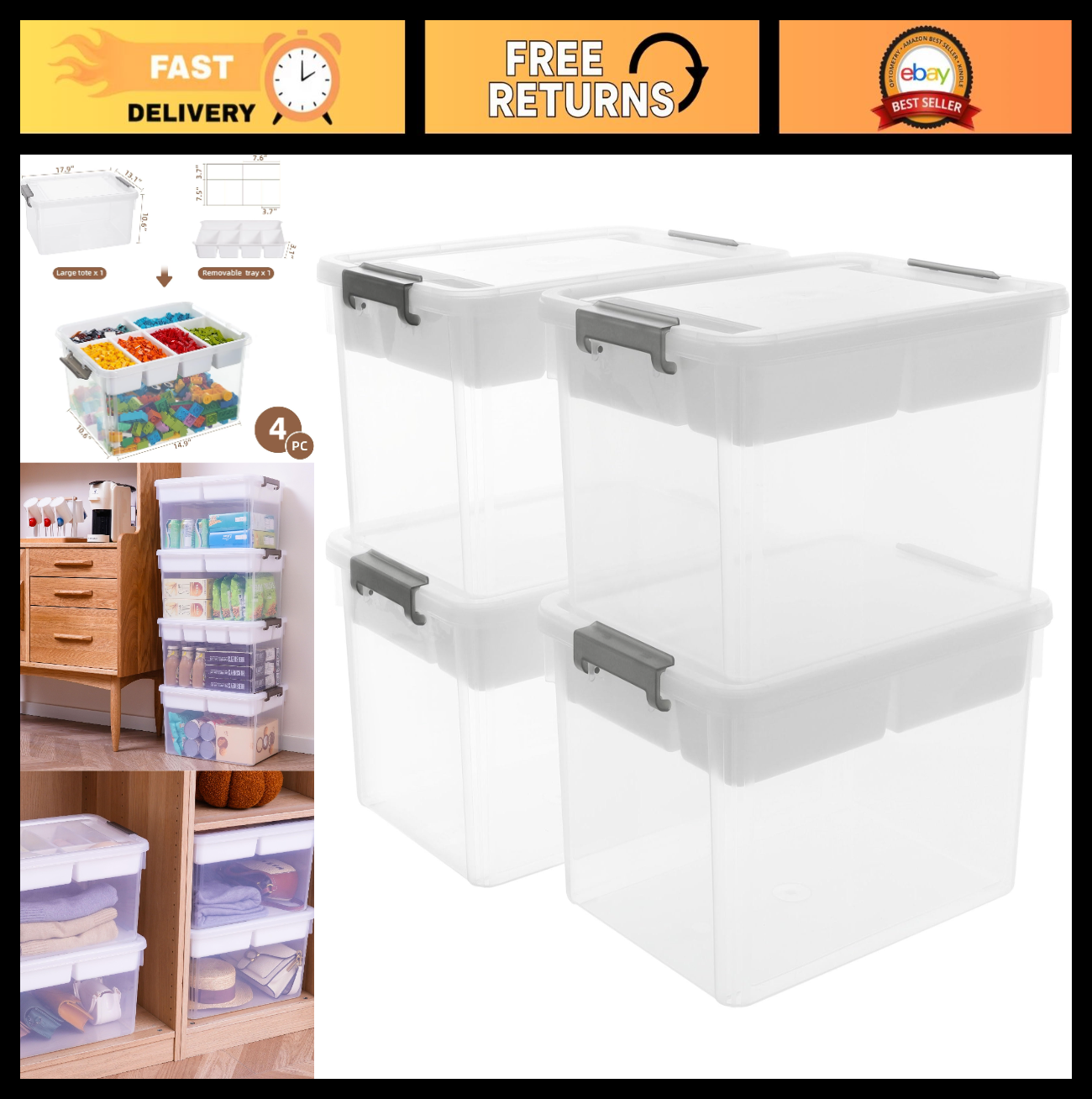 Clear Craft Organizers 32QT Storage Box Set   4 Packs with Tray for Easy Access0