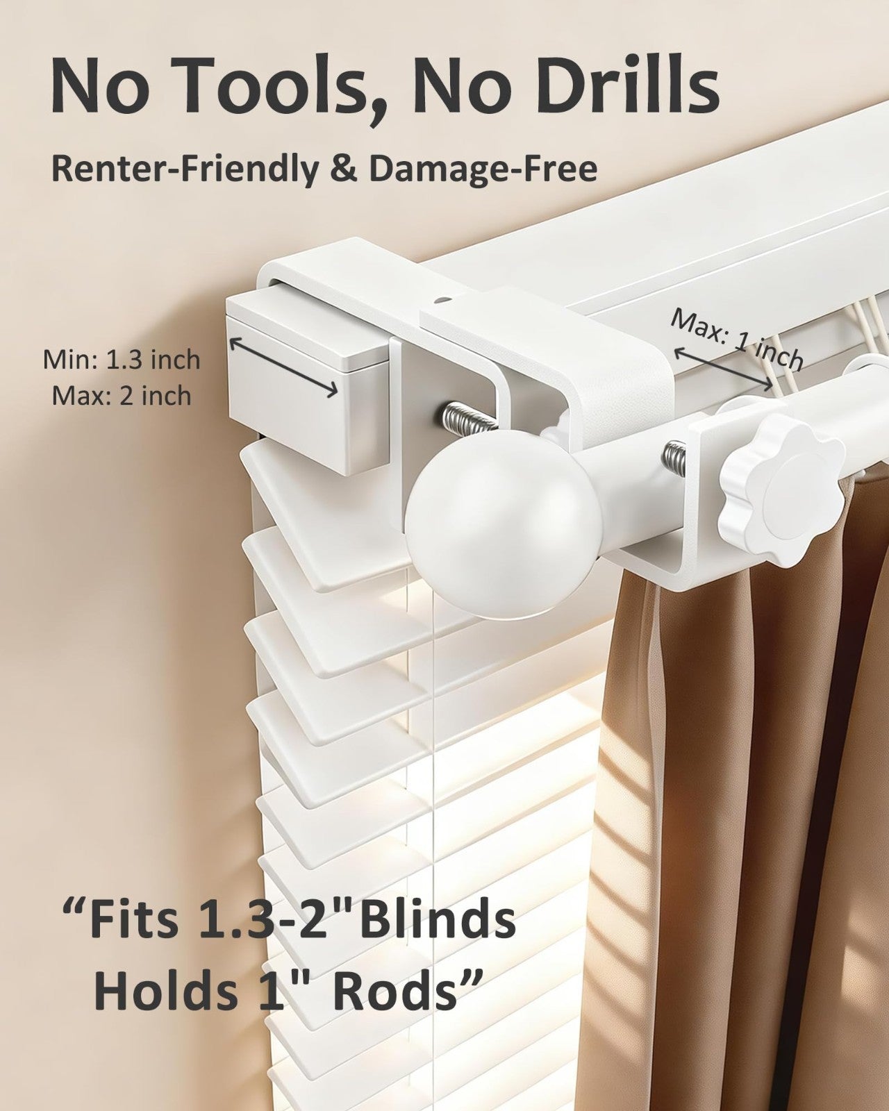 No Drill Curtain Rod Brackets for Outside-Mount Blinds, Tool-Free, Renter Friend2