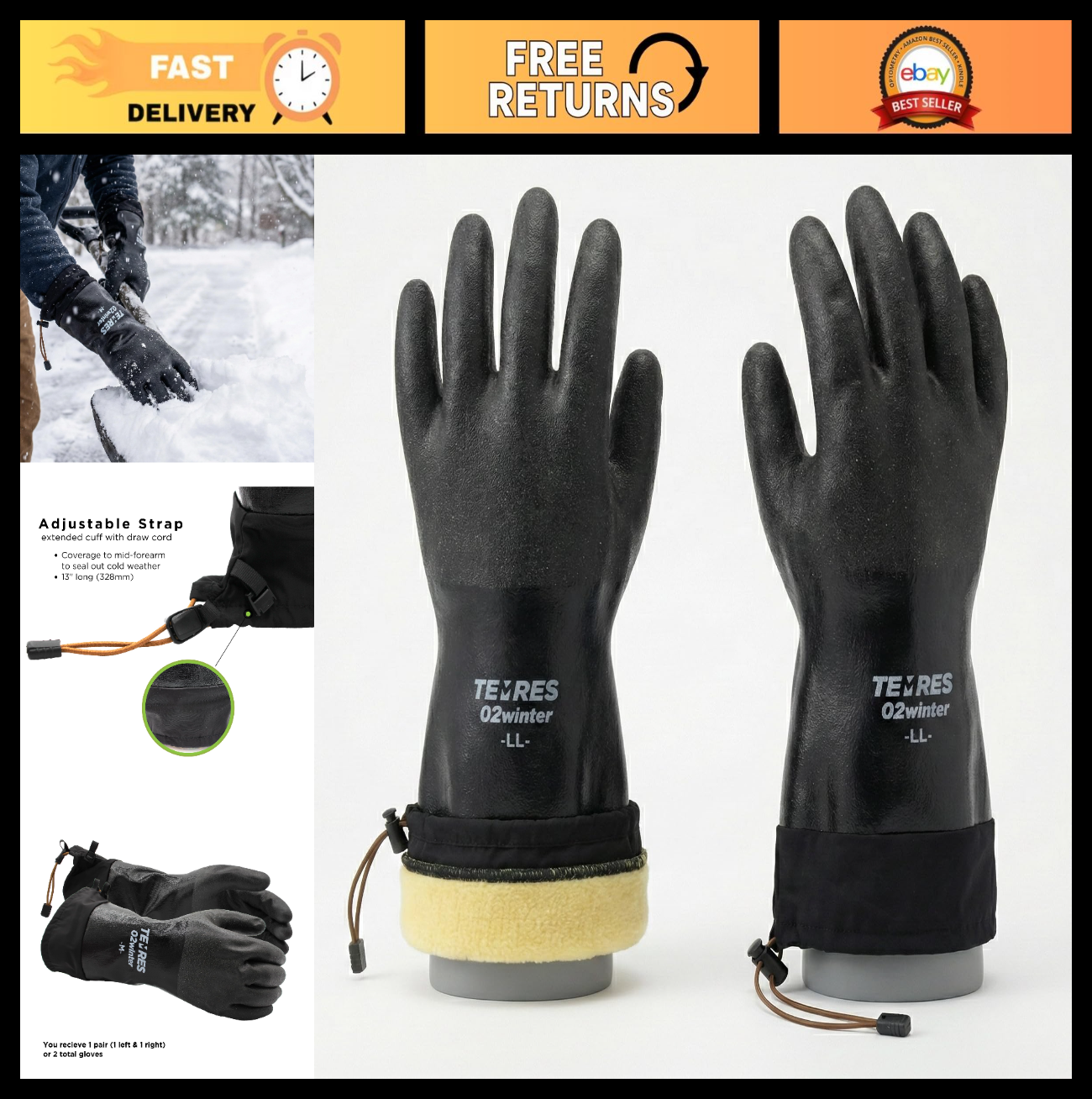 Waterproof Insulated Winter Work Gloves   Breathable, Thermal Fleece, Snow Cuff,0