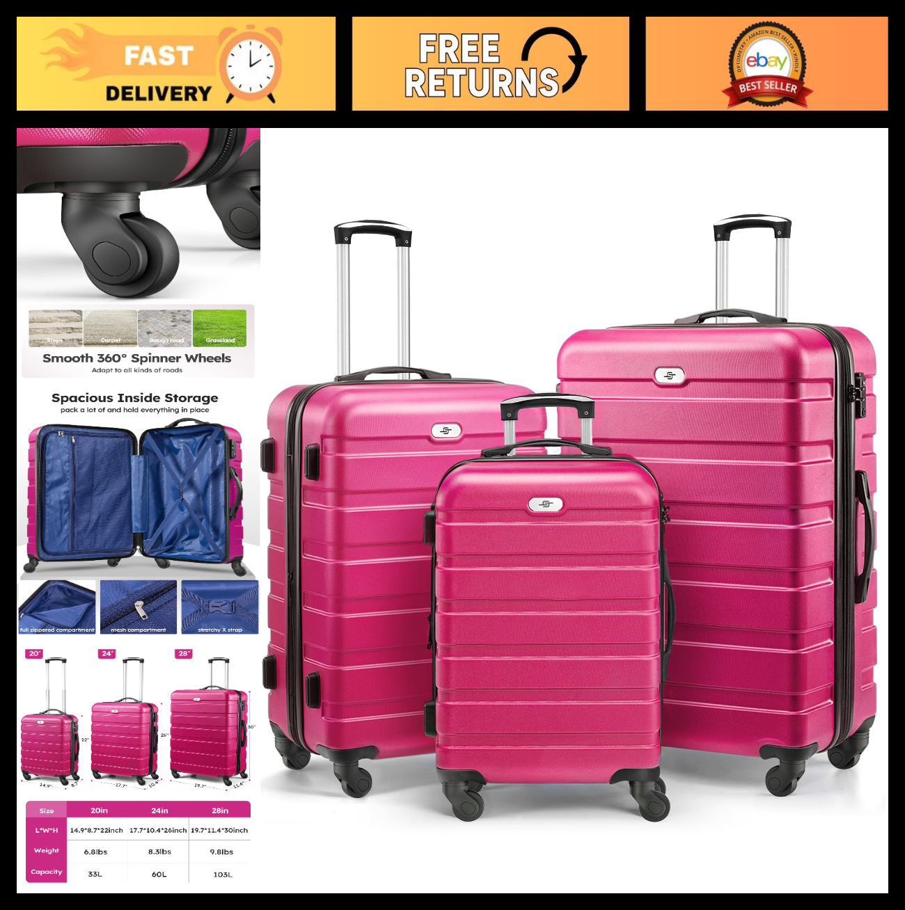 3 Piece Hard Shell Luggage Set with Spinner Wheels & TSA Lock - 20/24/28 Inch, R0