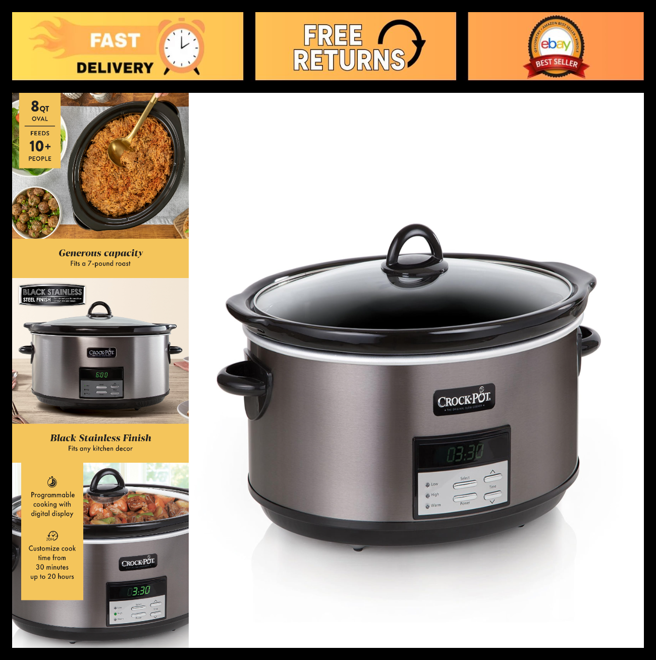 8 Quart Programmable Slow Cooker with Auto Warm, Black Stainless Steel, Large Ca0