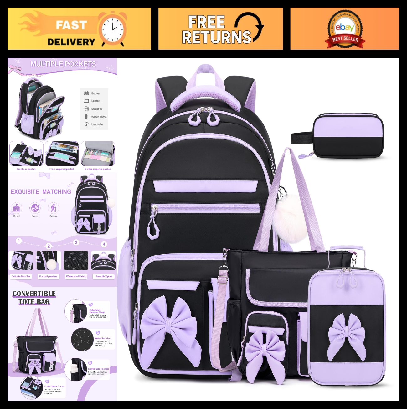 4PCS Girls Backpack Set   Stylish Tote Bag, Lunch Bag & Pencil Case Included0