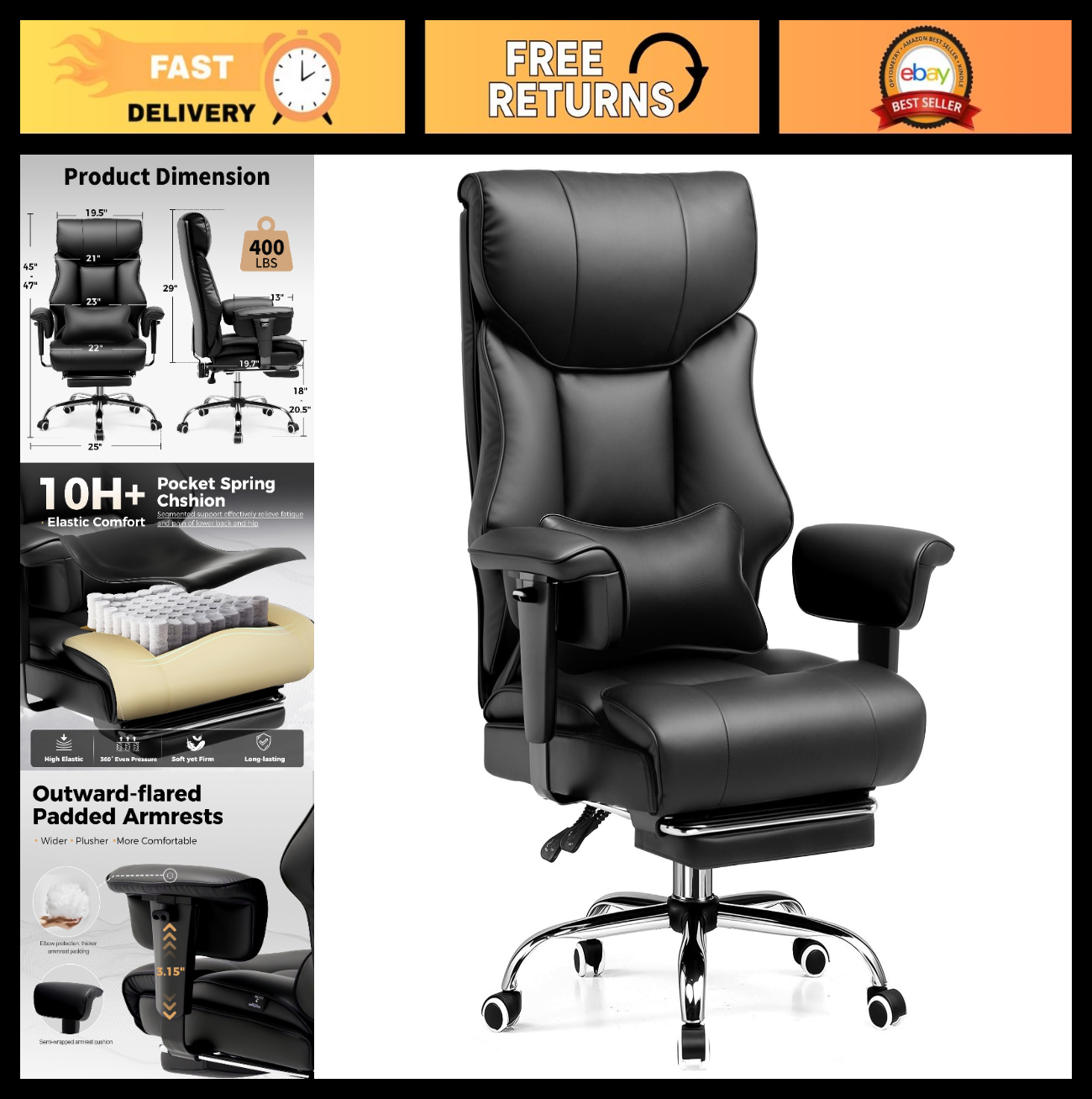 Big & Tall Gaming Chair 400lbs Heavy Duty Office Chair with Footrest, Ergonomic0