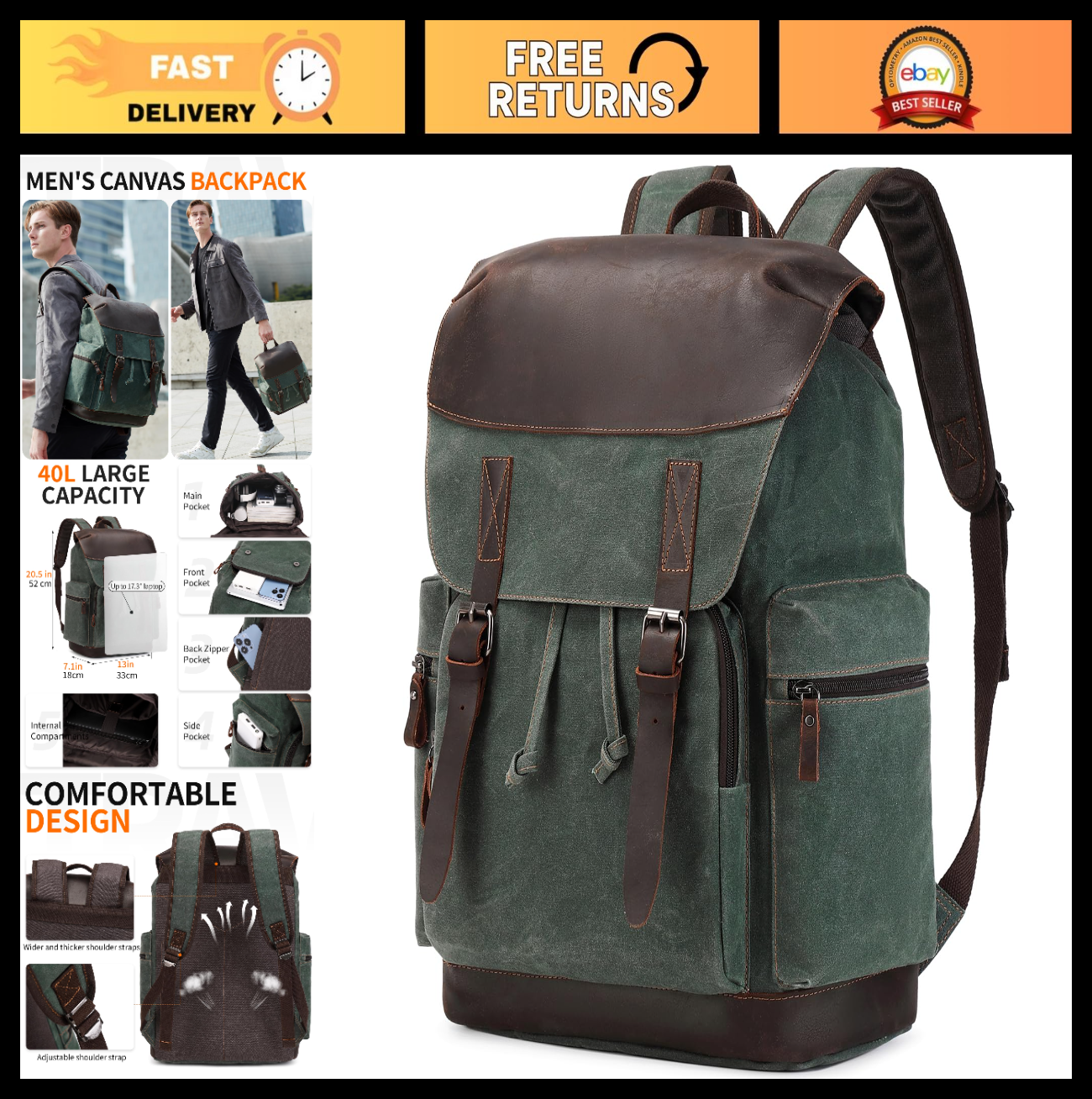 Vintage Waxed Canvas Leather Backpack for Men, 17.3" Laptop Rucksack, Travel Bag0