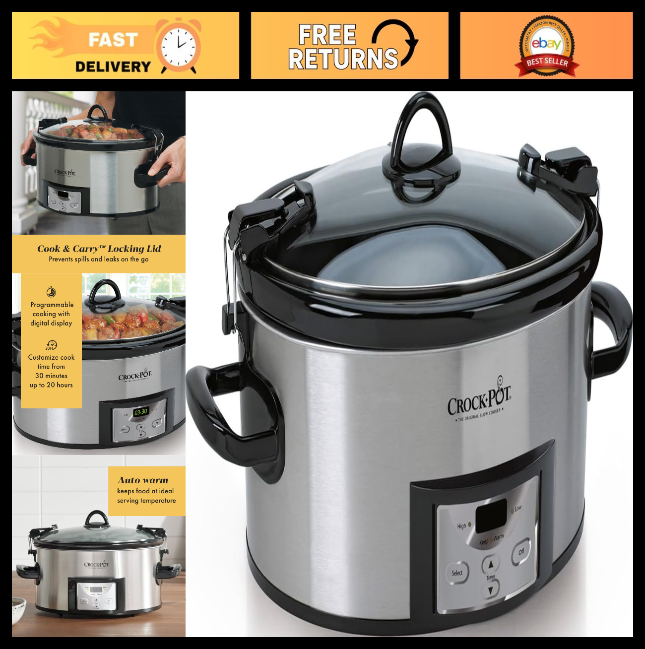 6 Quart Programmable Slow Cooker with Digital Timer & Carry Handle - Stainless S0