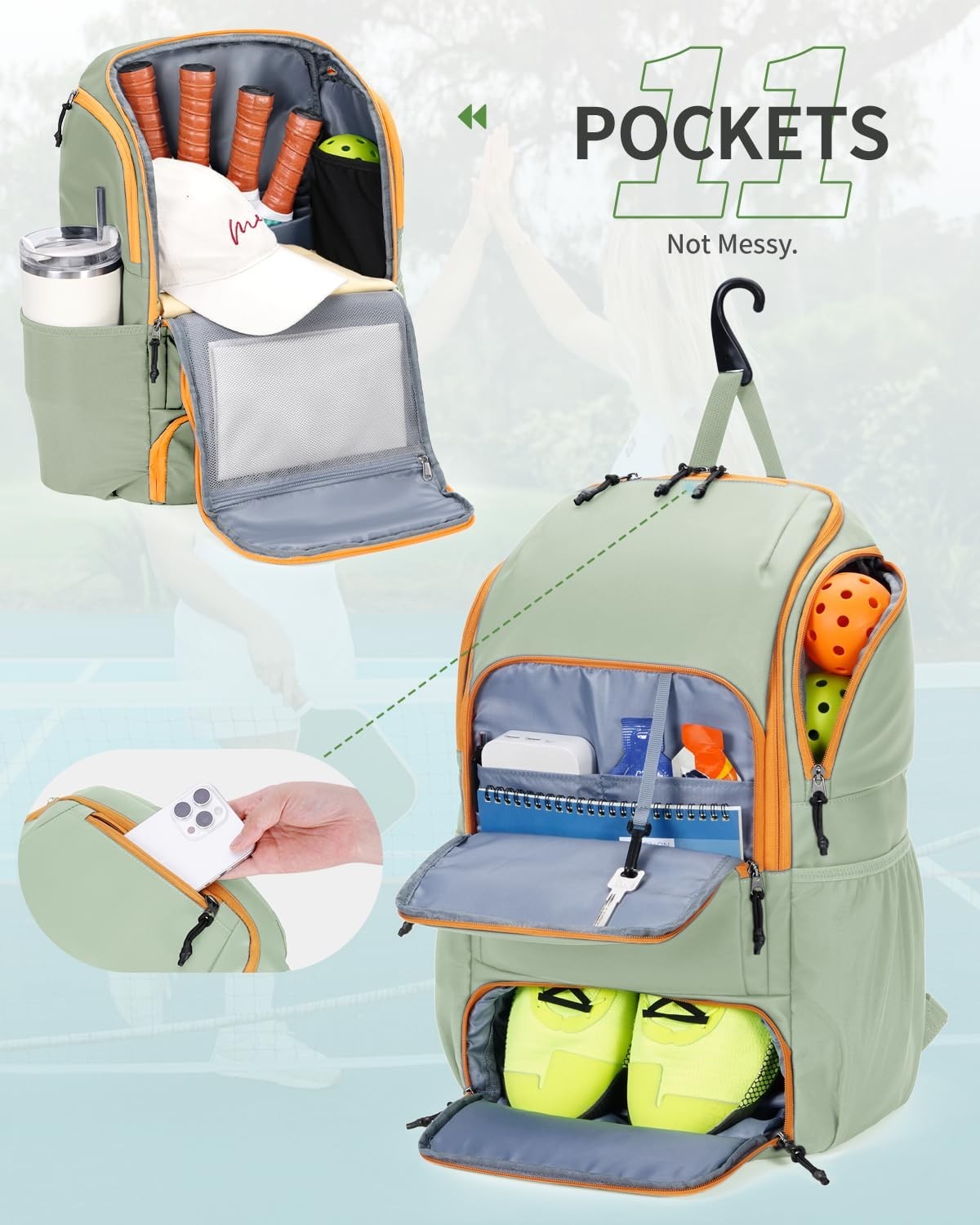 Waterproof Pickleball Bag with Shoe Compartment & Fence Hook | 30L, 2 Pockets, A8
