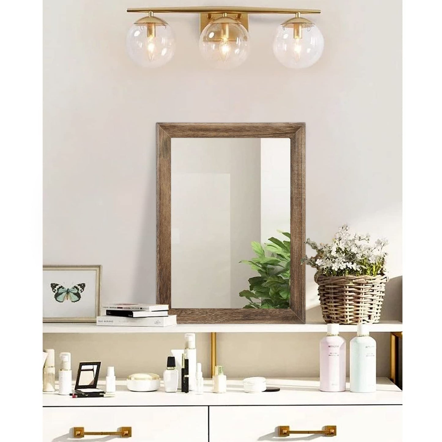 Rustic Rectangle Wood Wall Mirror - Decorative Frame for Bedroom, Living Room, B3