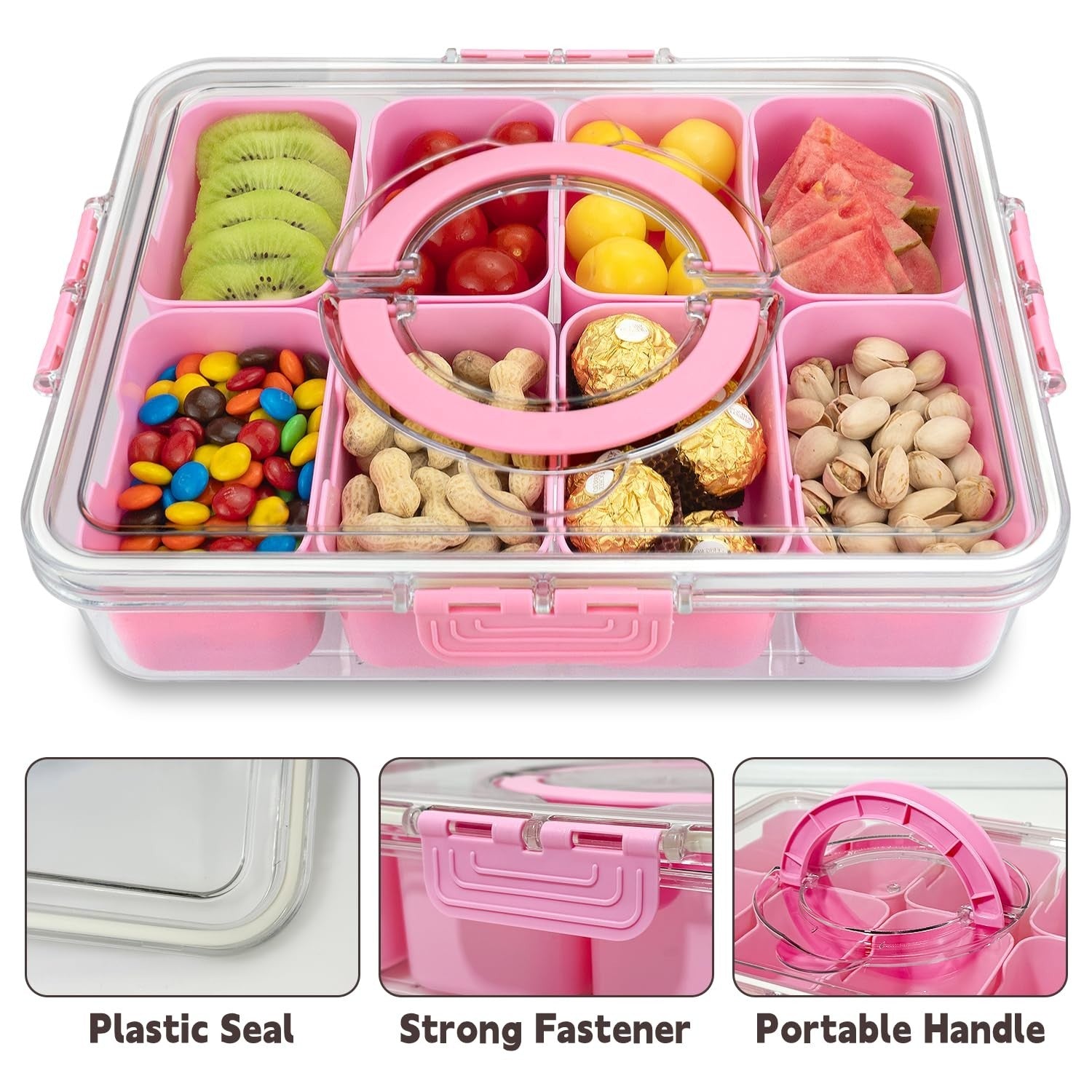 Optimized eBay Title:  "Portable Divided Snack Tray with Lid & Handle - 8 Compa3
