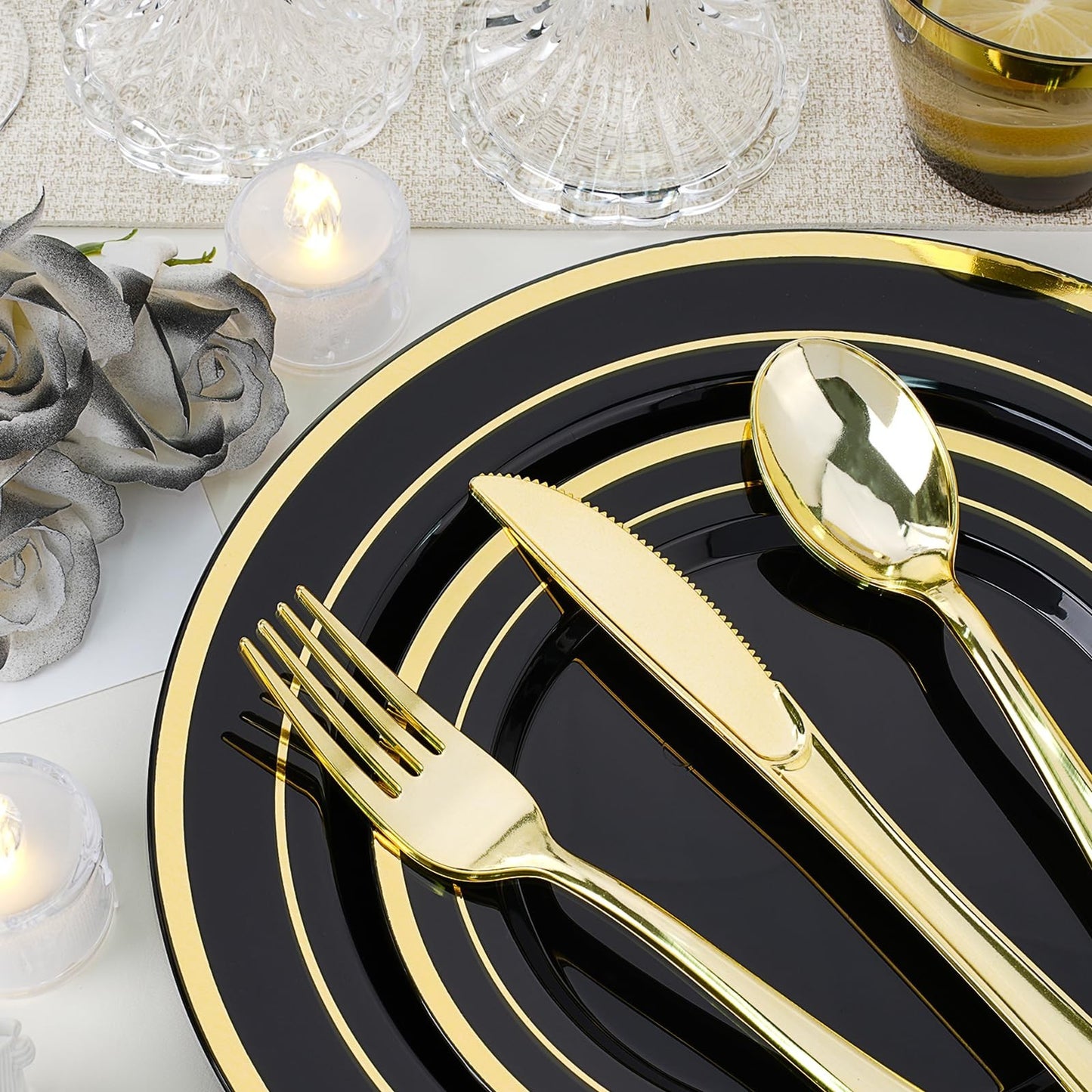 350 PCS Black Plastic Dinnerware Set for 50 Guests - Disposable Plates, Napkins3