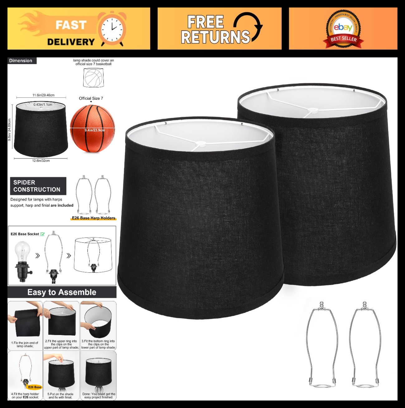 Set of 2 Black Drum Lamp Shades - 11.6" Top x 12.6" Bottom x 9.8" High, Easy Ass0