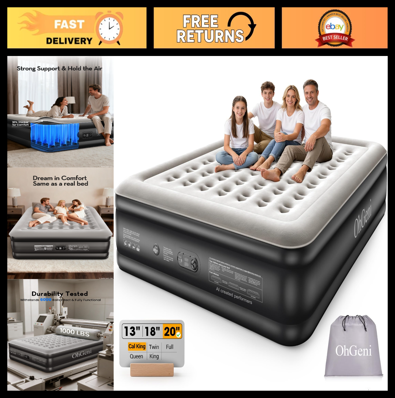 20" Raised California King Air Mattress with Built in Pump, 1000lb Capacity, Ext0